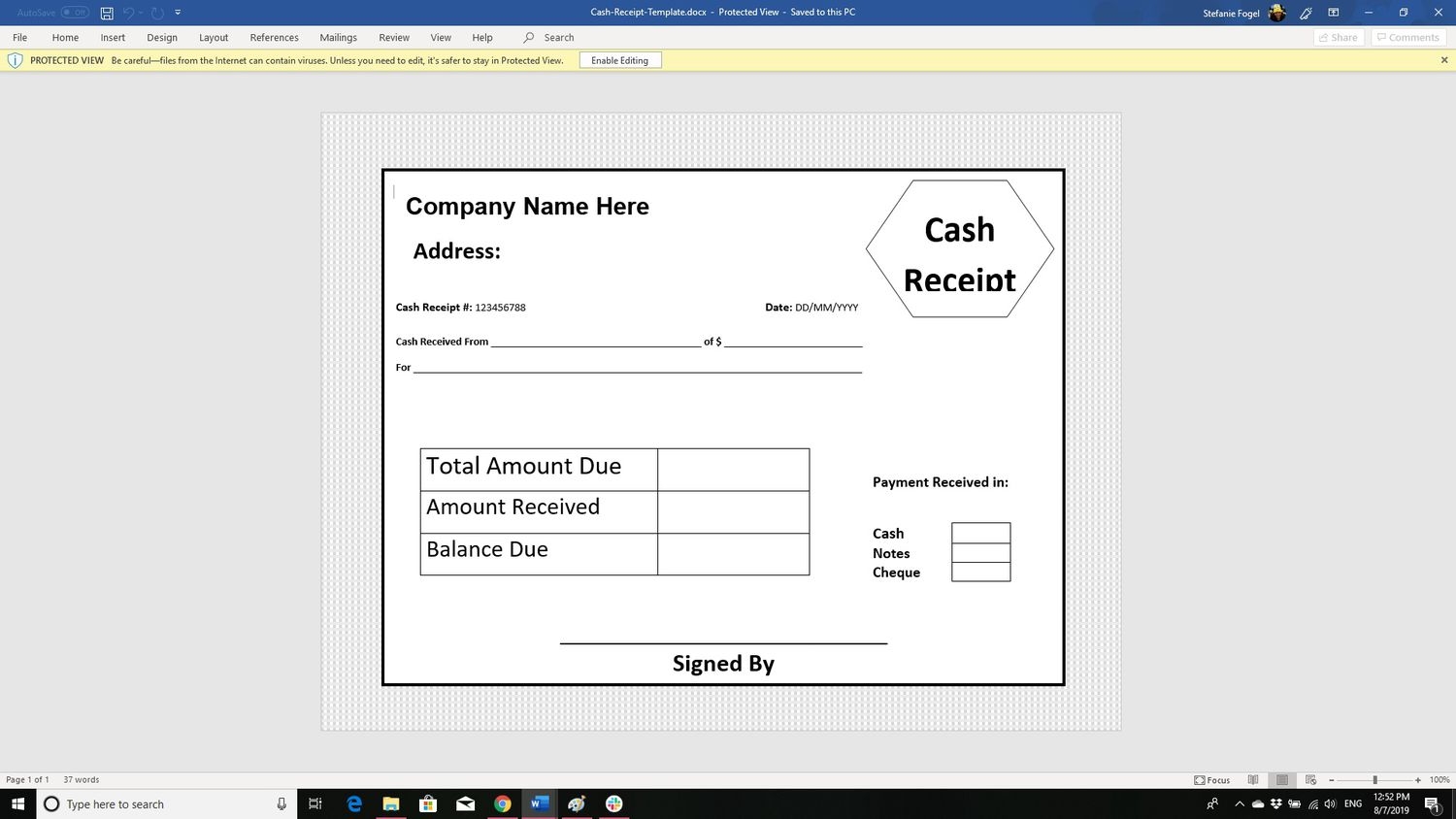 Receipt Form Template Word