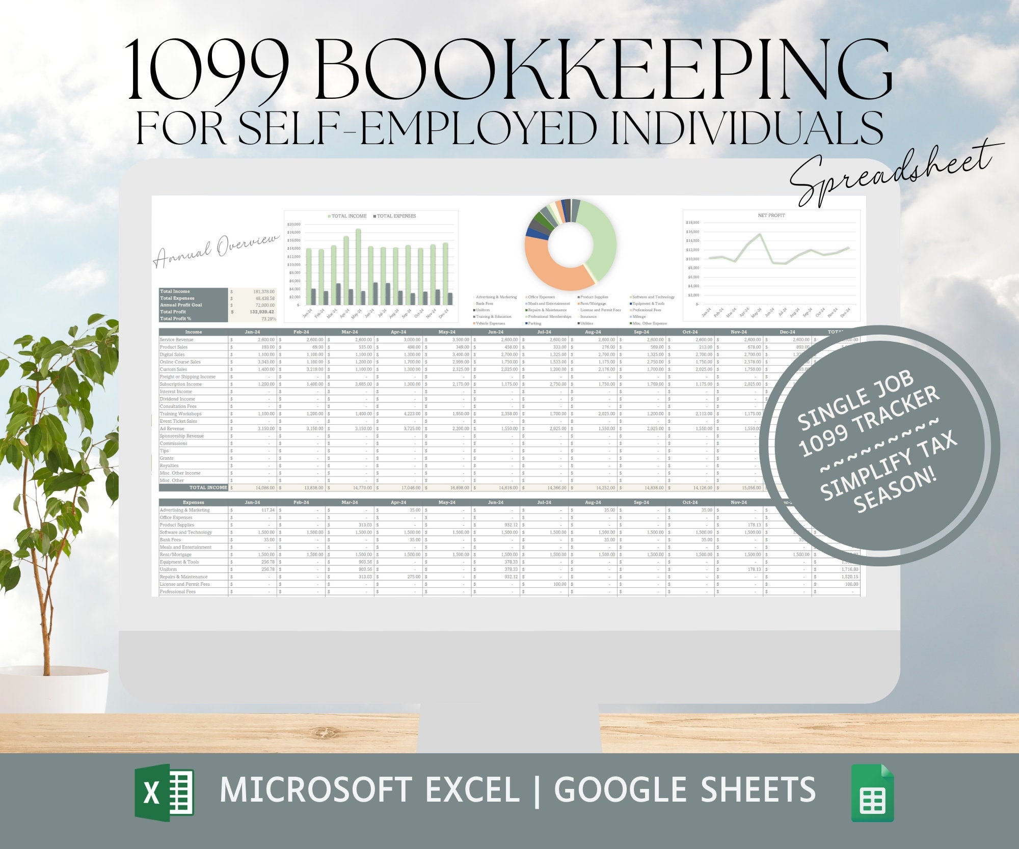 1099 Bookkeeping Spreadsheet Excel Google Sheets Finance Spreadsheet Income And Expense Tracker Profit And Loss Accounting Etsy