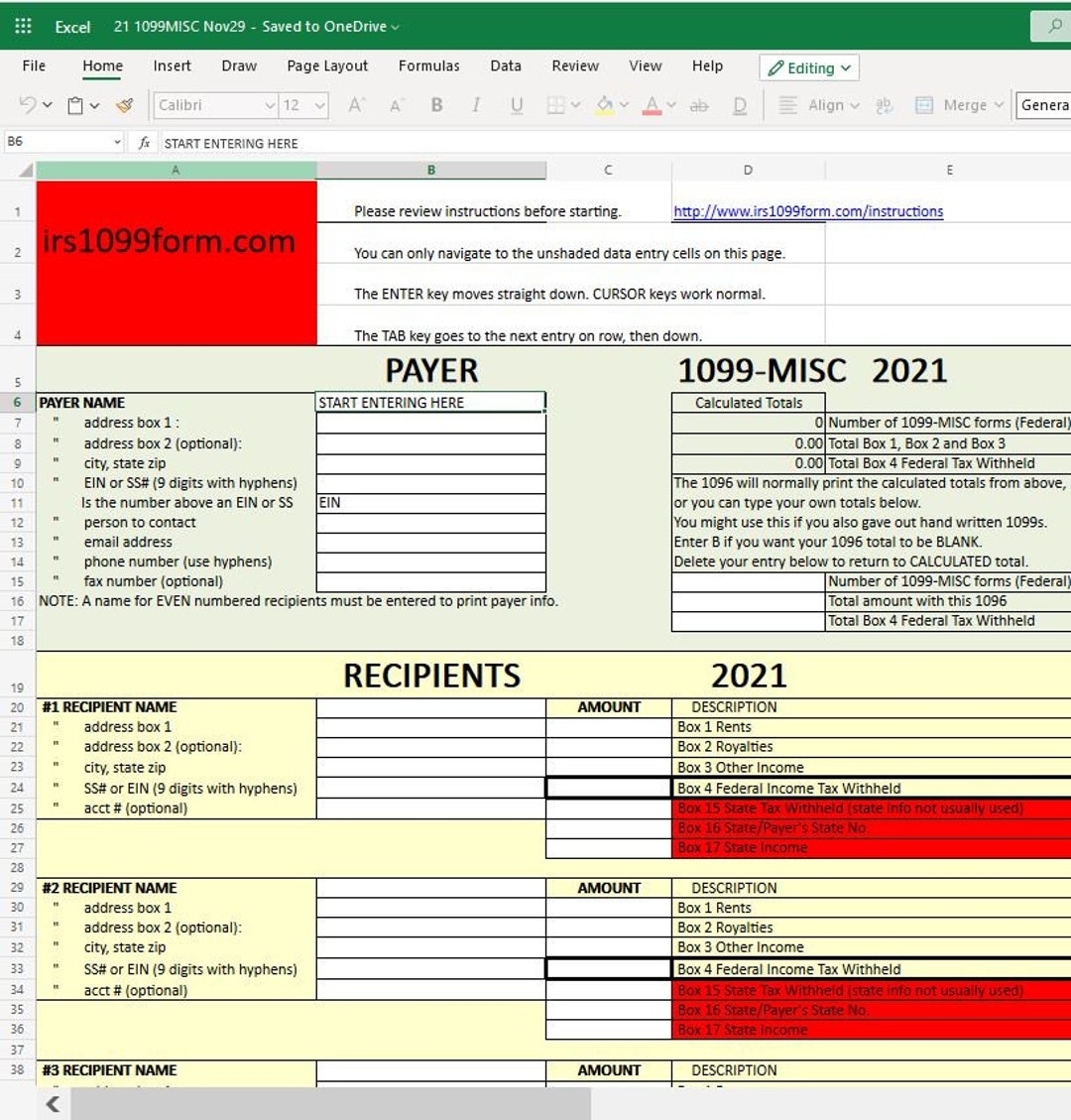 1099 MISC Excel Template For Printing Onto IRS Form updated For 2023 Taxes Etsy