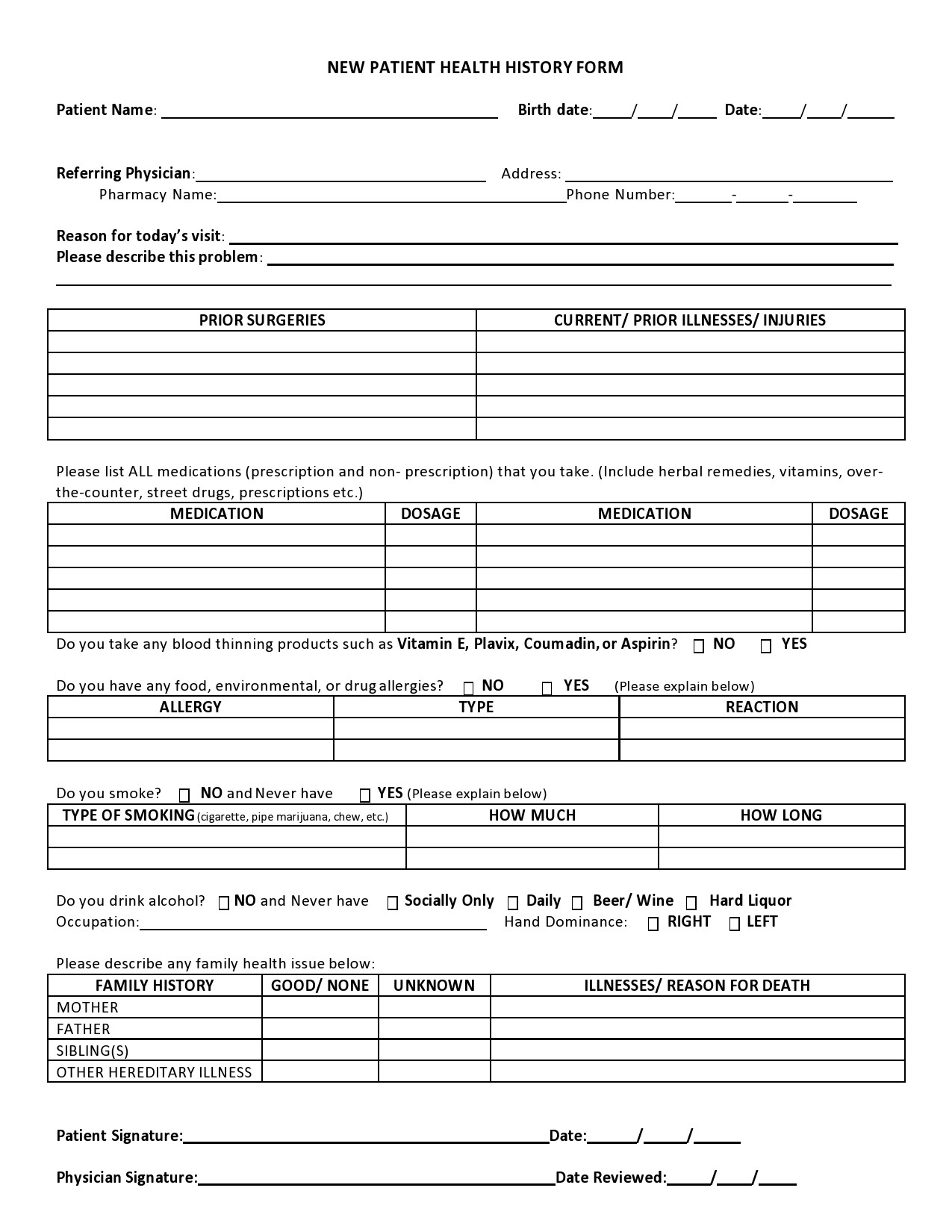 Printable Family Medical History Form Template