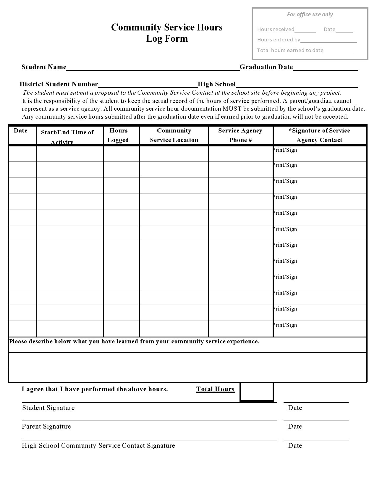 Community Service Form Template