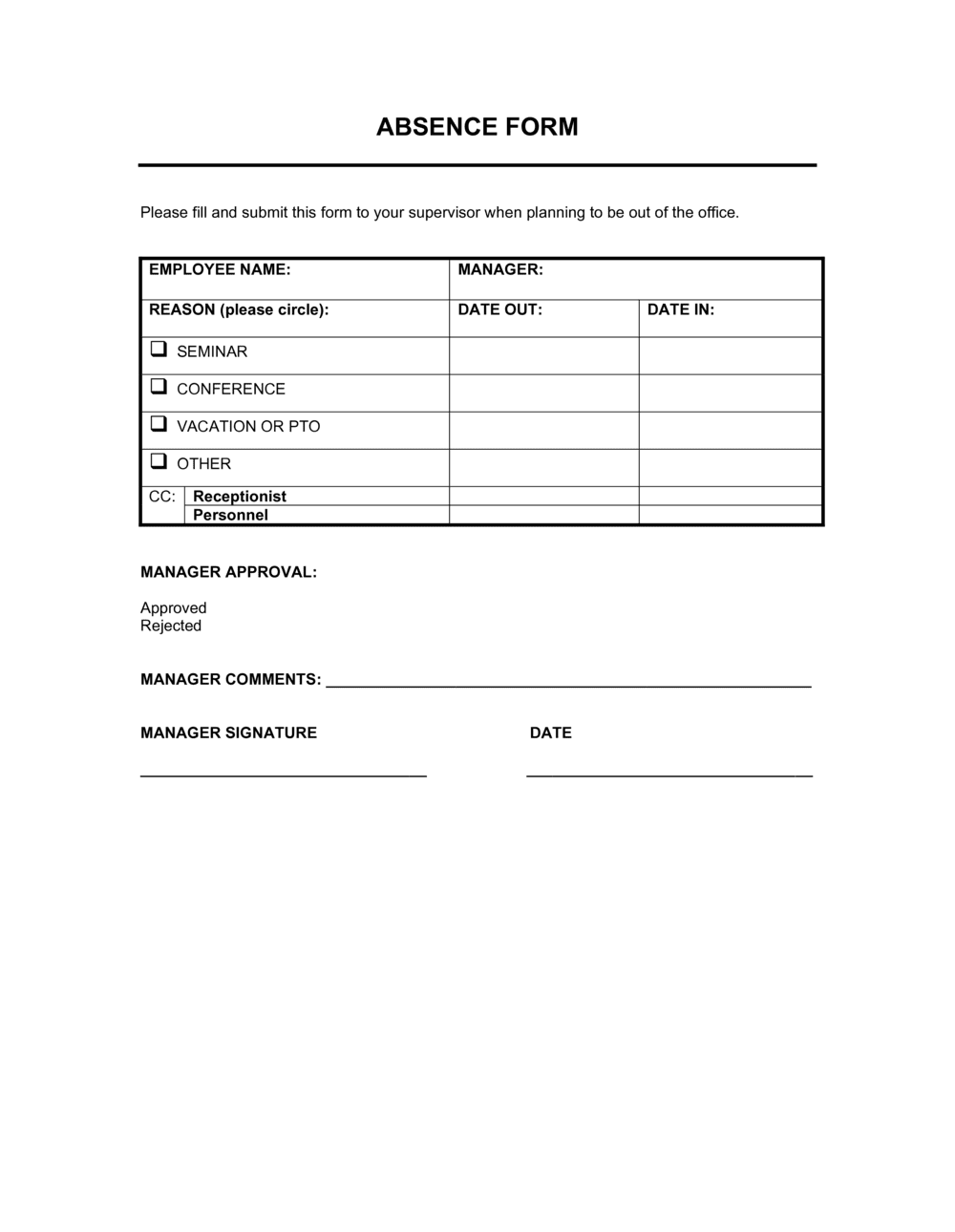 Absence Form Template