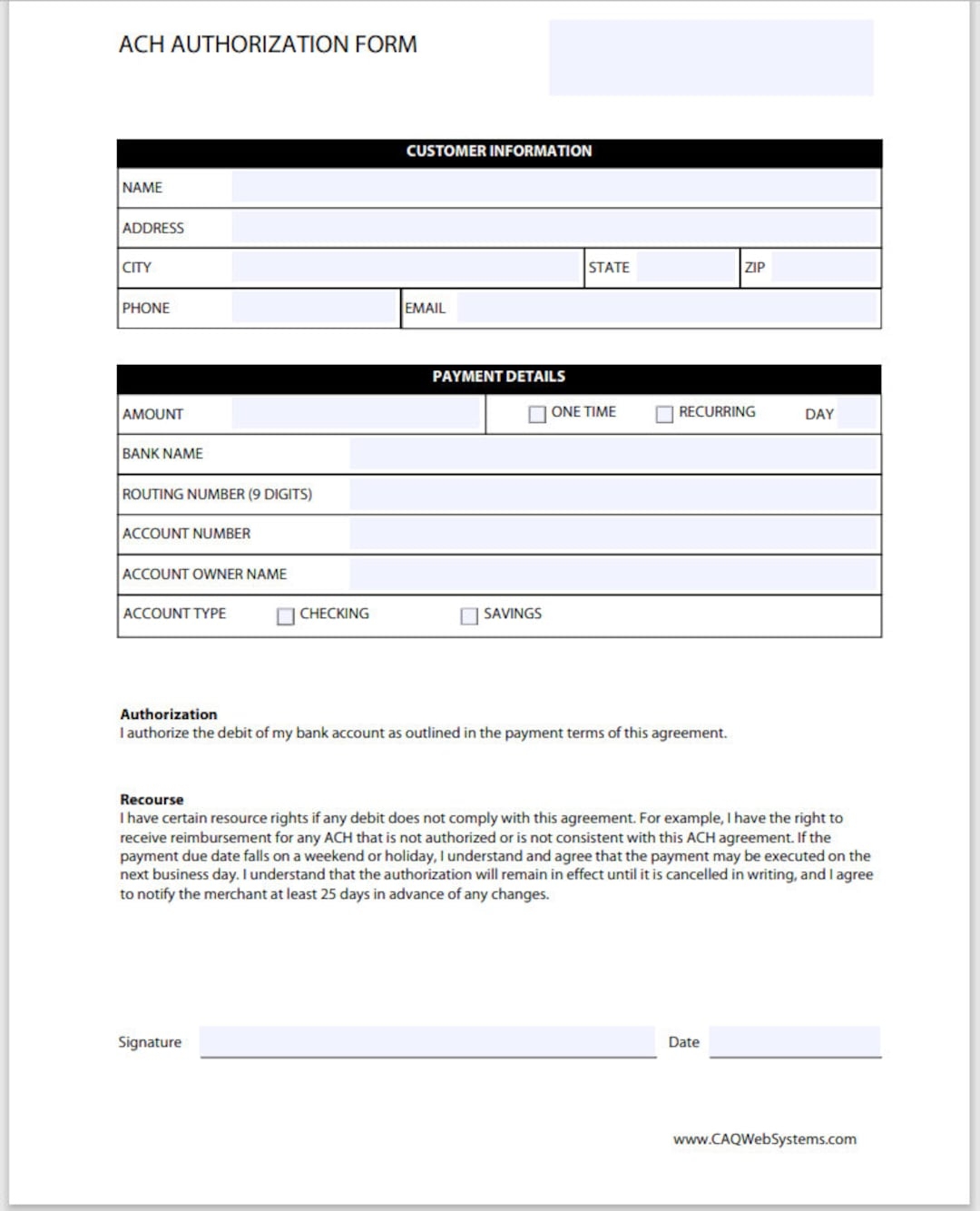 ACH AUTHORIZATION Fillable PDF Form Etsy