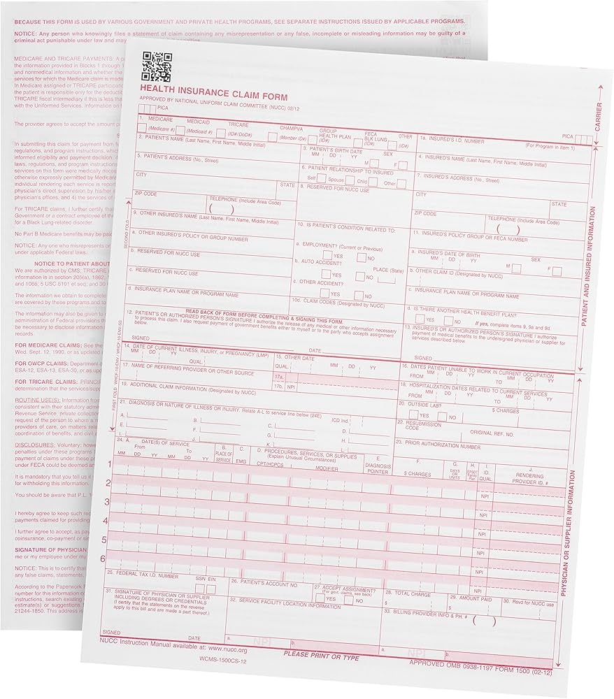Amazon 500 CMS 1500 Claim Forms Current HCFA 02 2012 New Version Valid For HCFA 1500 Claim Forms 2024 And 2025 Line Up With Billing Software Laser Compatible Office Products