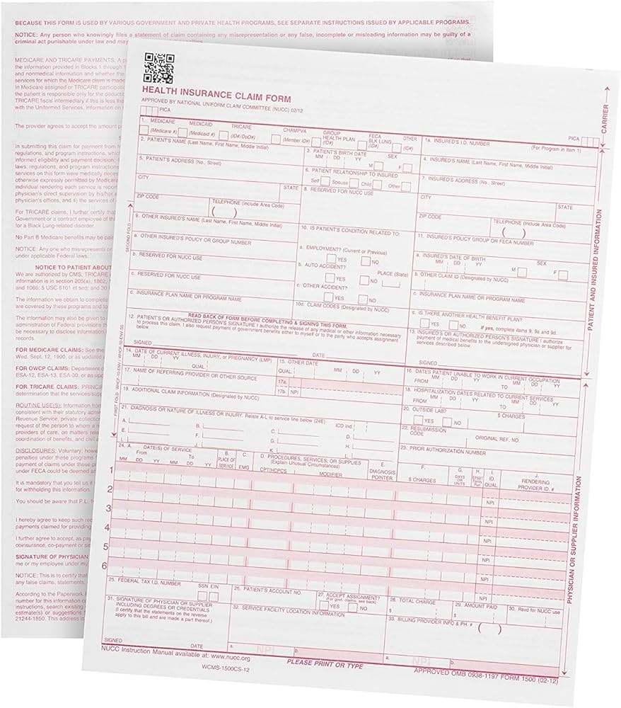 Amazon CMS 1500 Claim Forms New HCFA Version 02 12 Health Insurance Laser Cut Sheet 500 Sheets Office Products