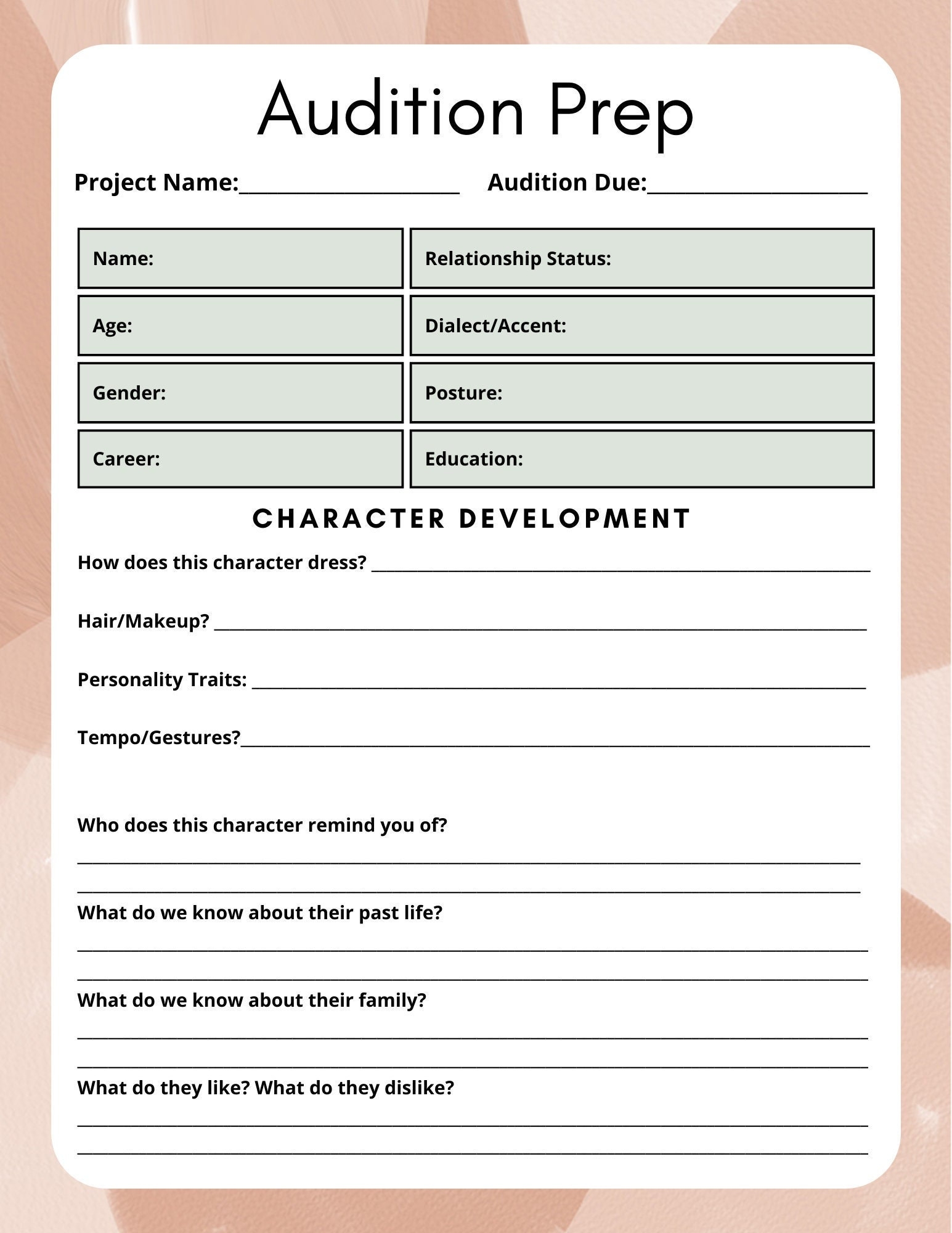 Audition Worksheet Etsy