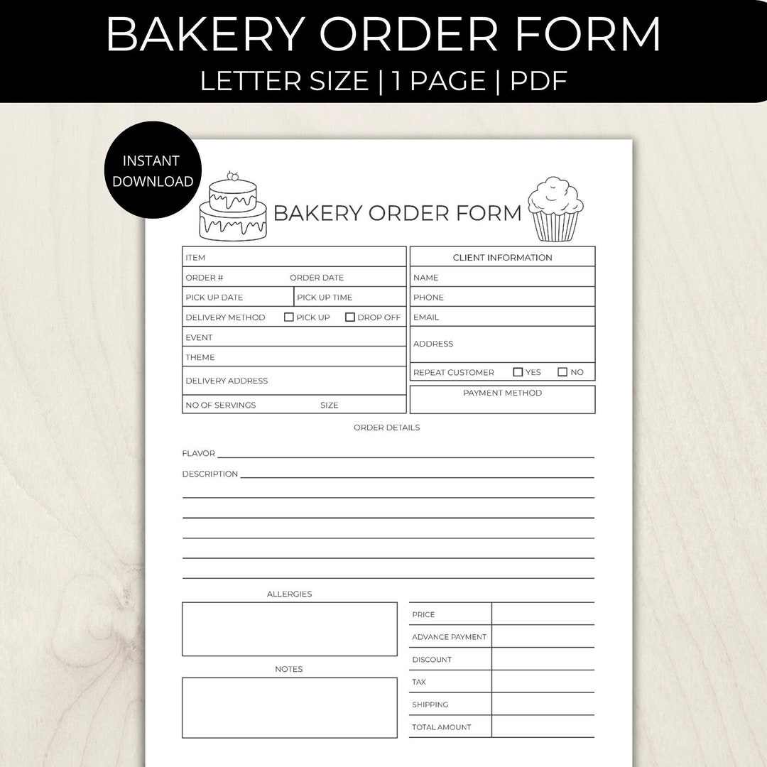 Bakery Order Form Fillable Cake Order Form Bakery Planner Printable Order Form For Small Business Template Bakery Order Form Receipt Etsy