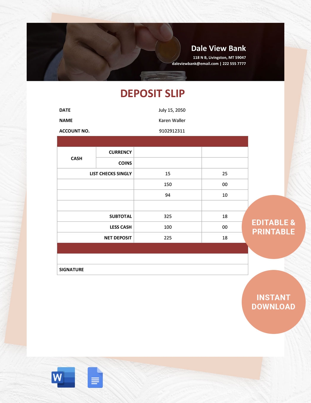 Bank Deposit Slip Template In Word Google Docs Download Template