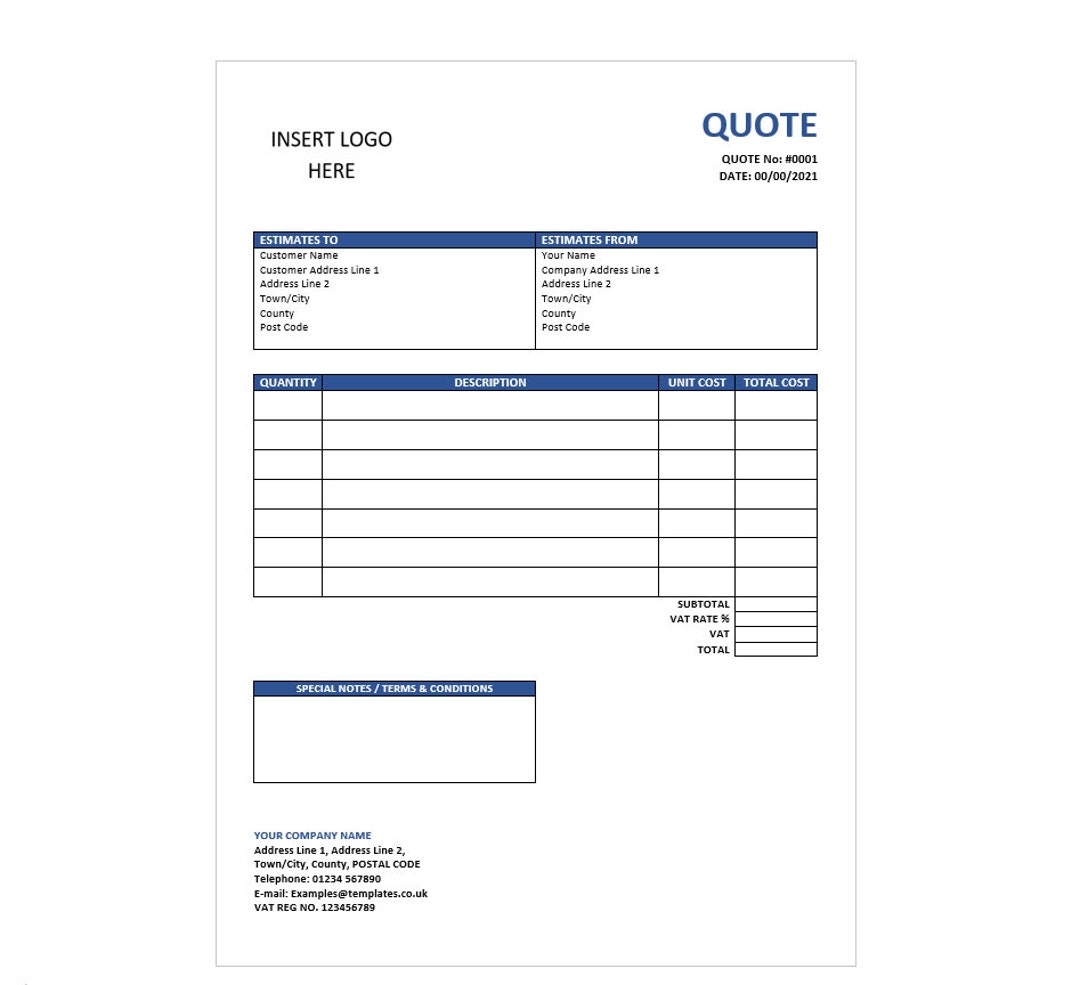 Blue Downloadable Quote Template Printable Template Business Form Simple Quote Estimates Template Quotation Form Easy To Use Etsy