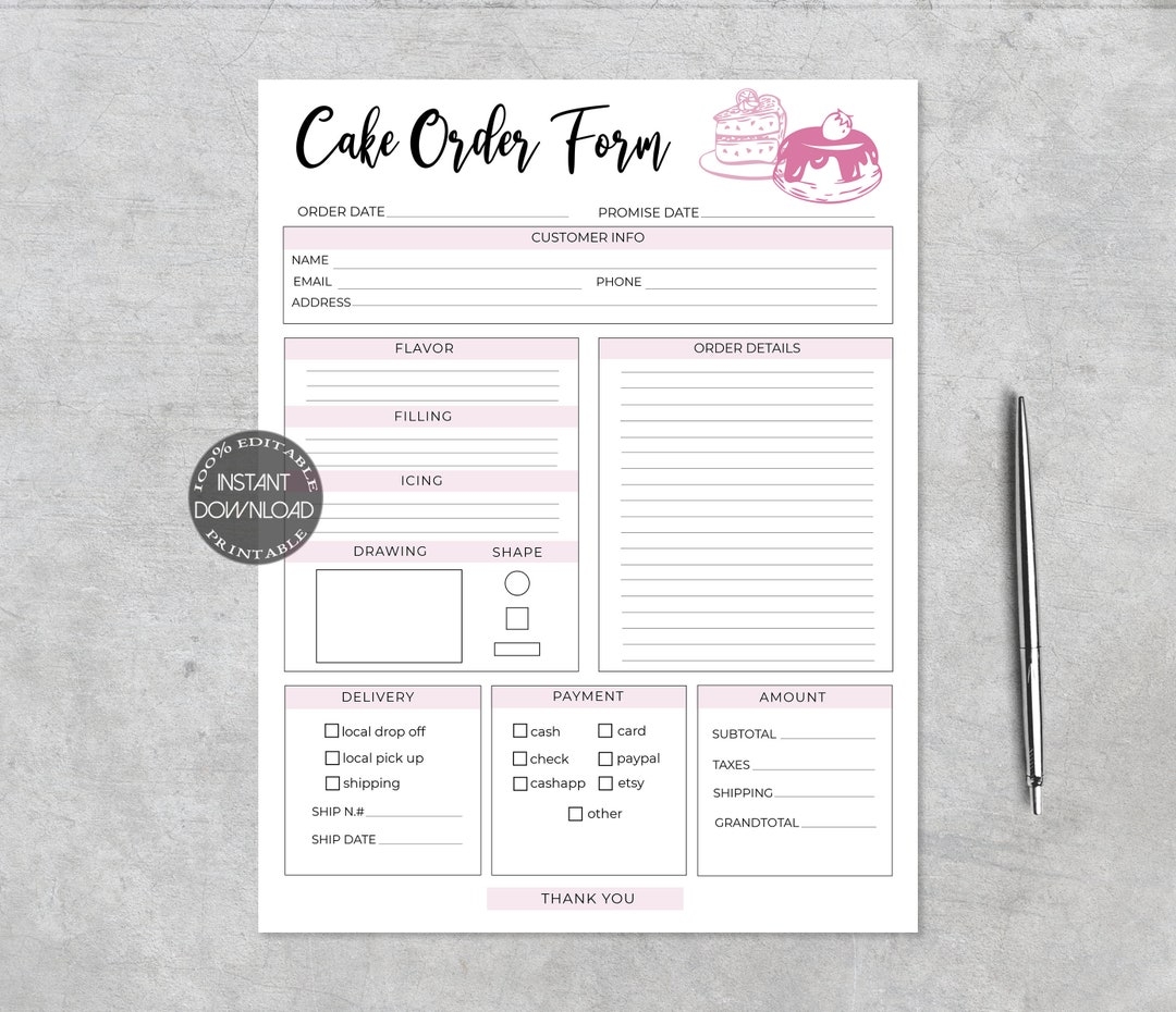 Cake Order Form Editable Order Forms Template Printable Bakery Custom Order Form Small Business Forms Instant Download Dtp 004 Etsy Norway