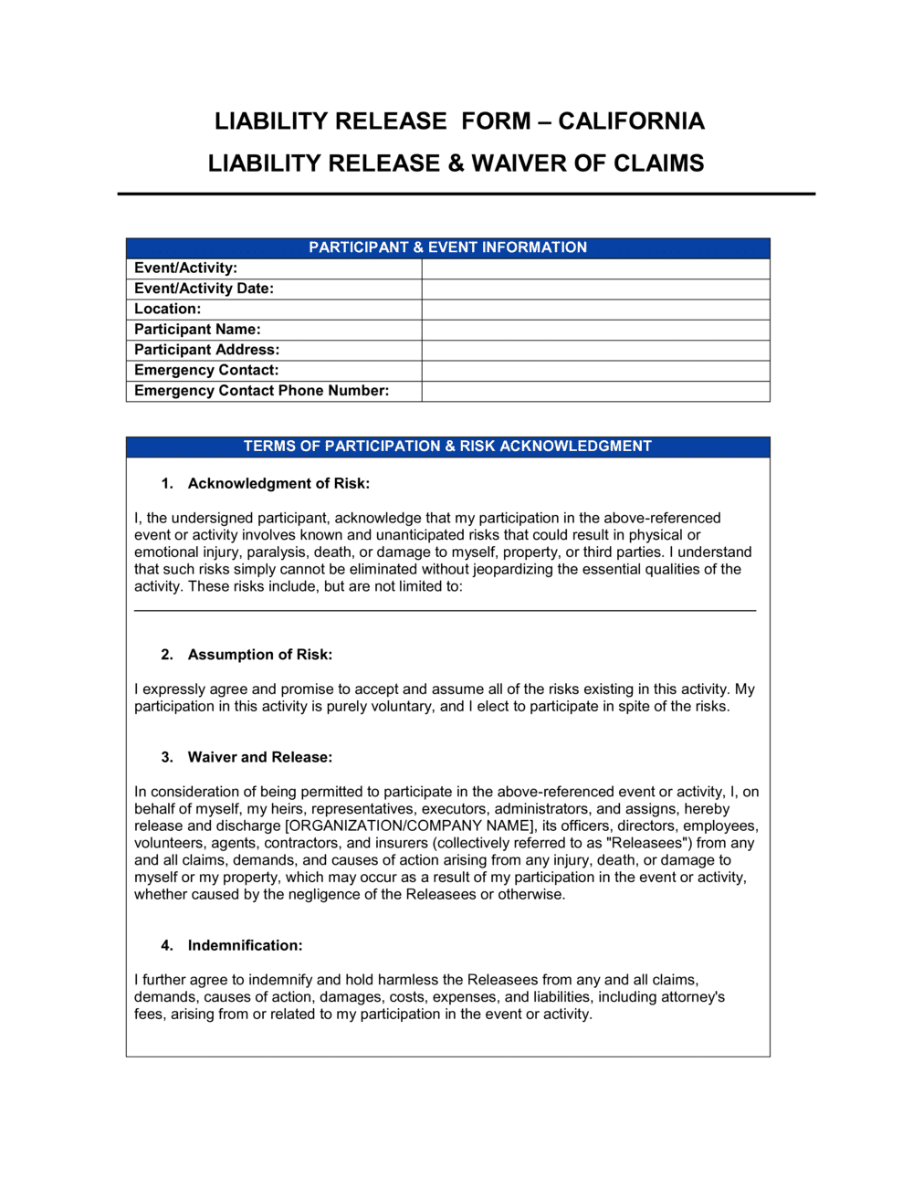 Release Liability Form Template