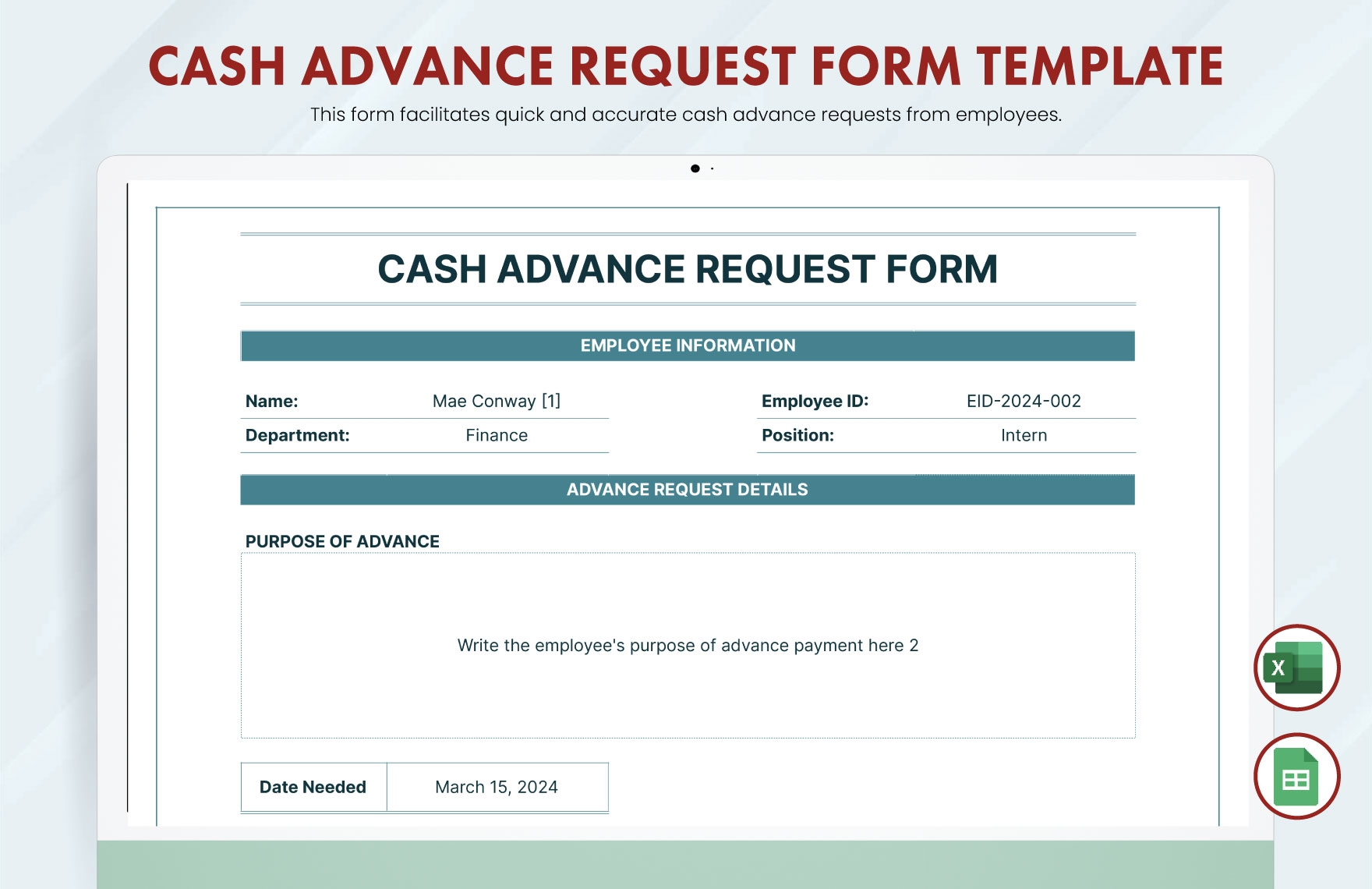 Cash Advance Request Form Template In Google Sheets Excel Download Template
