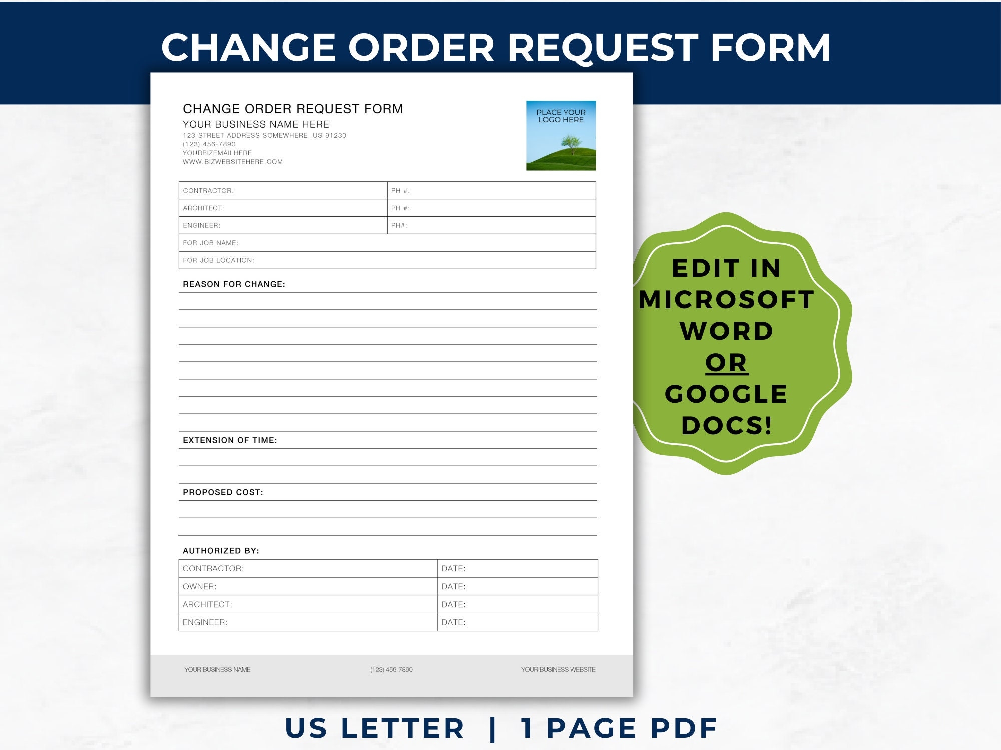 Change Order Request Form WORD Template Contractor Construction Builder Document And Track Change Orders Project Management Renovation Etsy