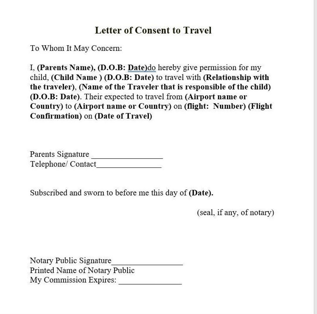 Child Travel Consent Form Template If Need To Be Notarized Please Contact Me At Franchescanotary gmail Etsy