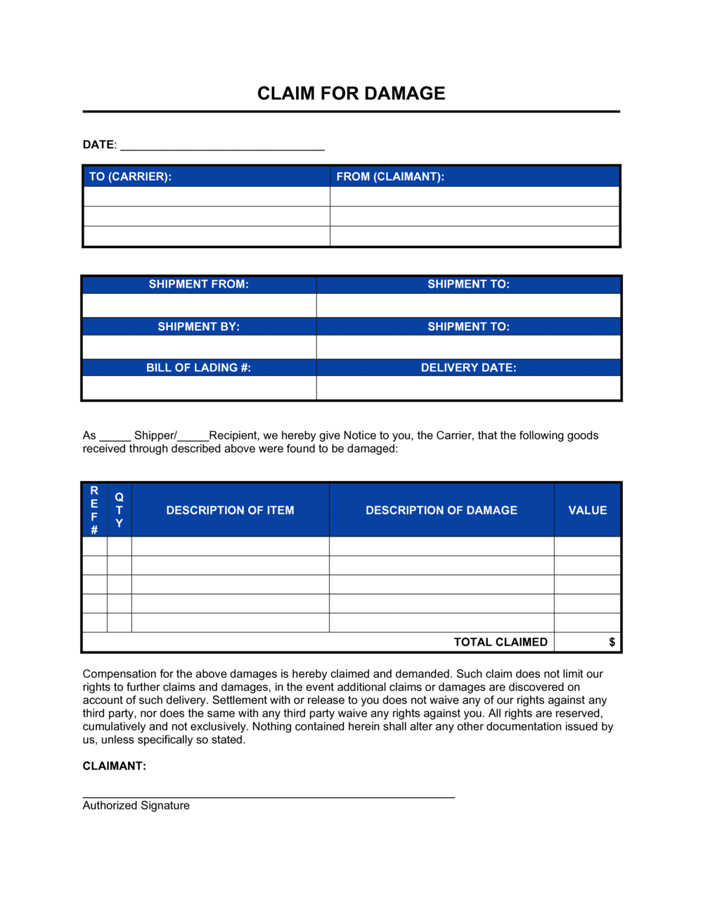 Claim For Damage On Shipped Goods Template
