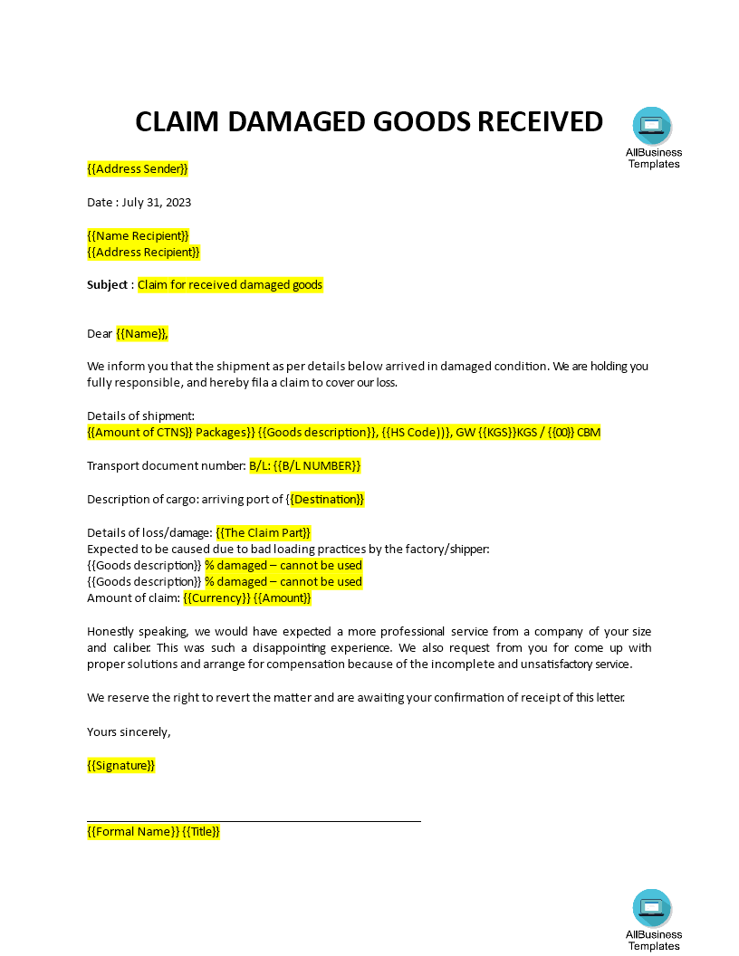 Damaged Goods Form Template