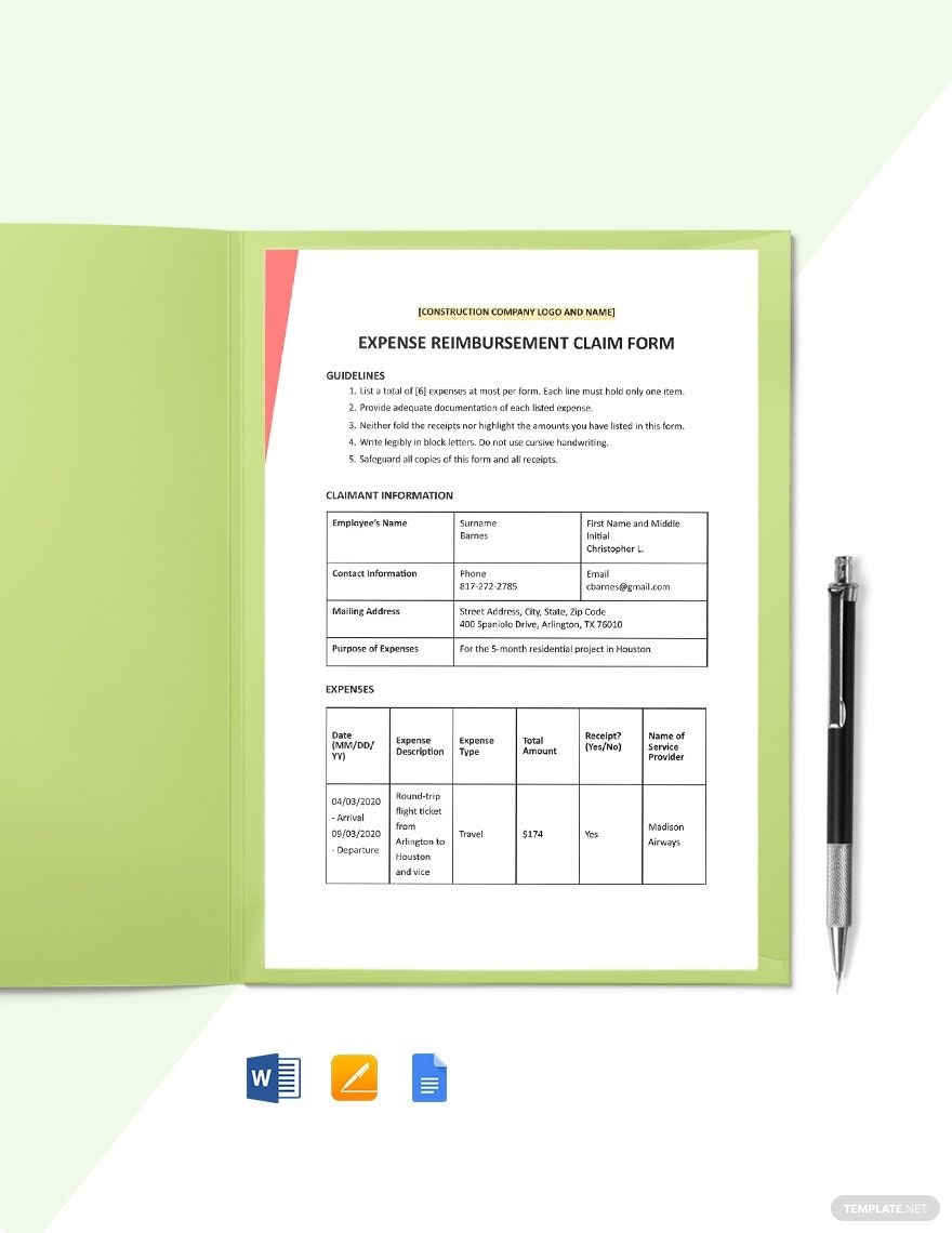 Construction Expense Claim Form Template In Pages Word Google Docs Download Template