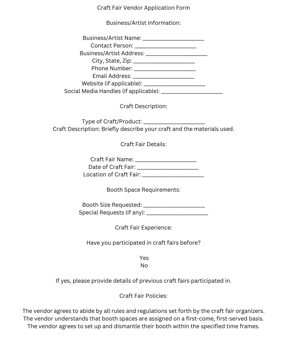 Craft Fair Vendor Application Form template Etsy