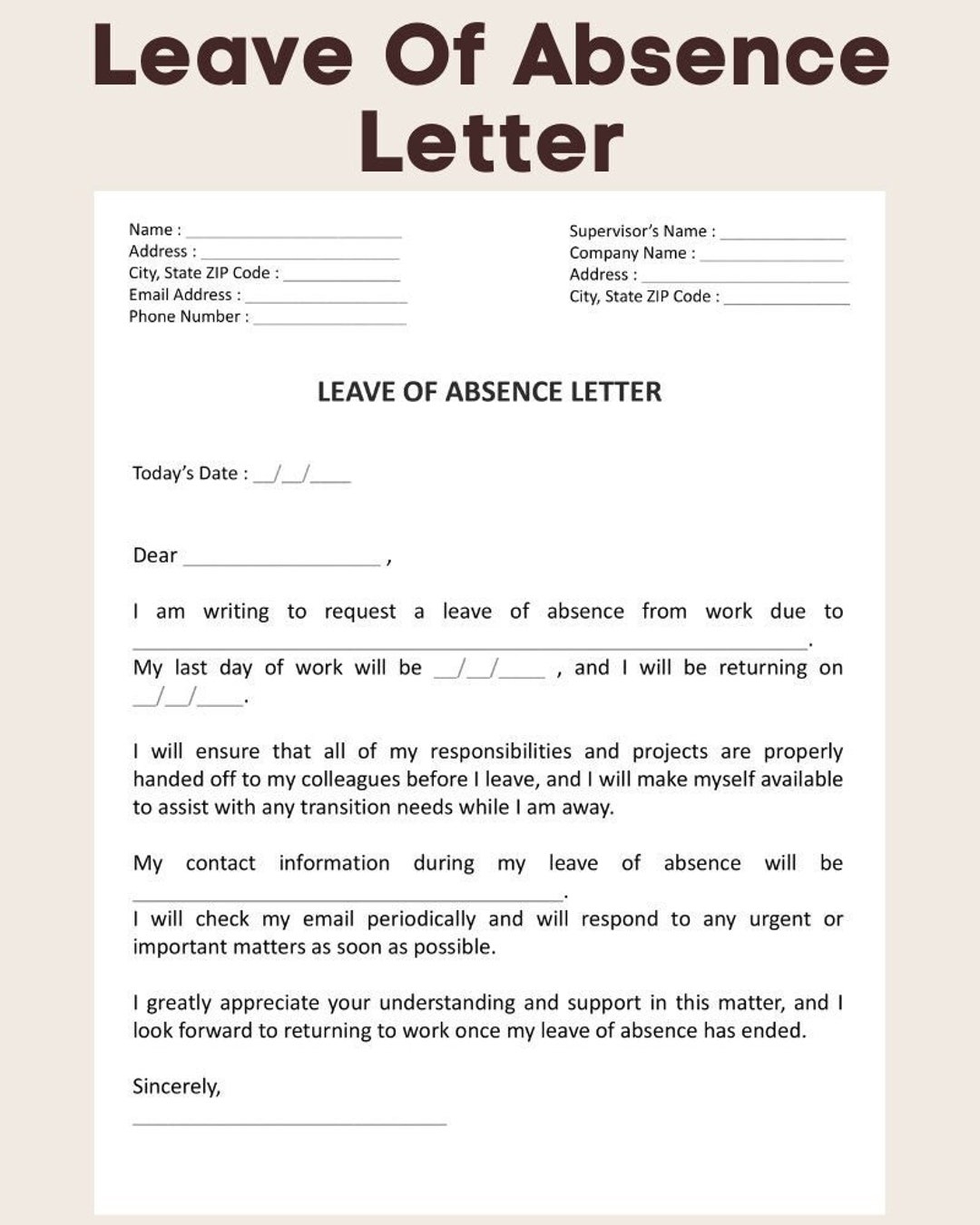 Customizable Leave Of Absence Letter Template Professional Letter Of Absence Form For Vacation Medical Or Personal Reasons Etsy