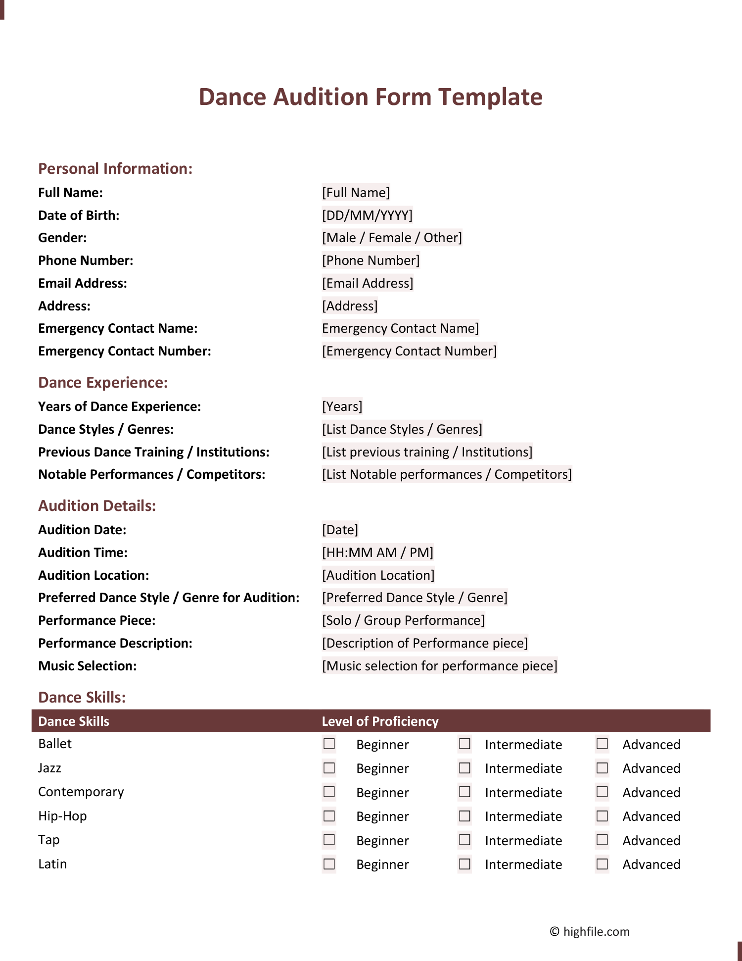 Dance Audition Form Template Word Google Docs Highfile