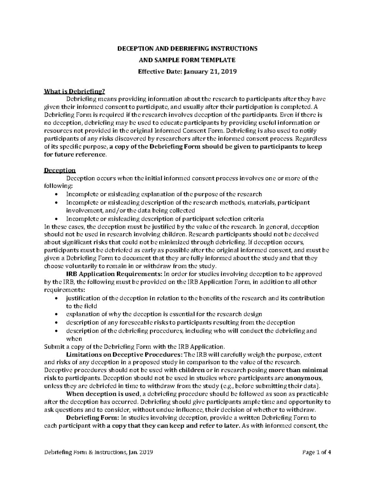 Debriefing Form For Course DECEPTION AND DEBRIEFING INSTRUCTIONS AND SAMPLE FORM TEMPLATE Studocu