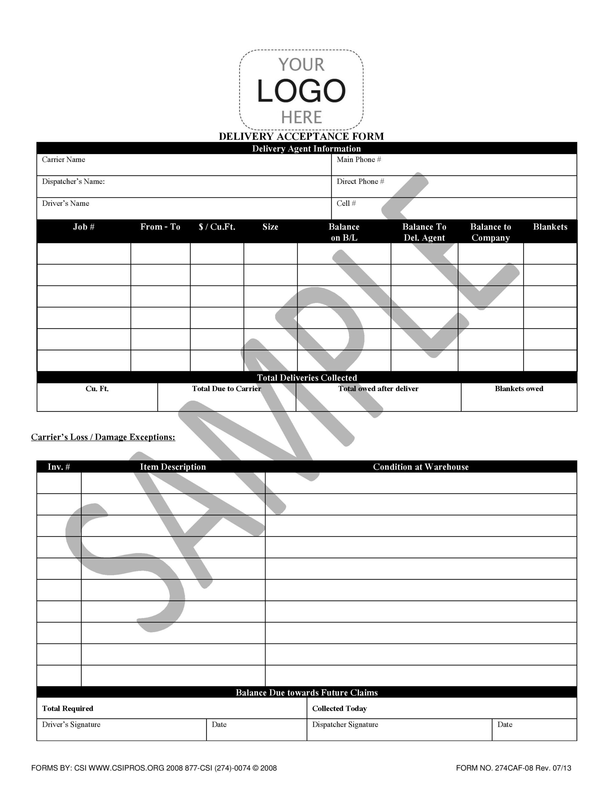 Delivery Acceptance Form CSI Claims Service International