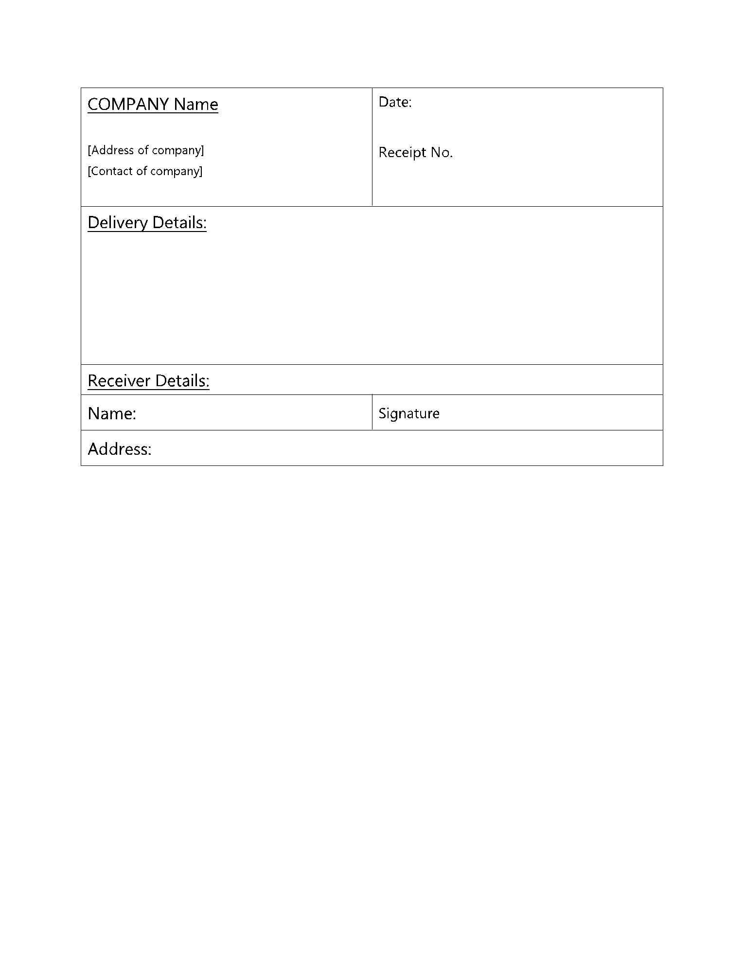 Delivery Receipt Form Template
