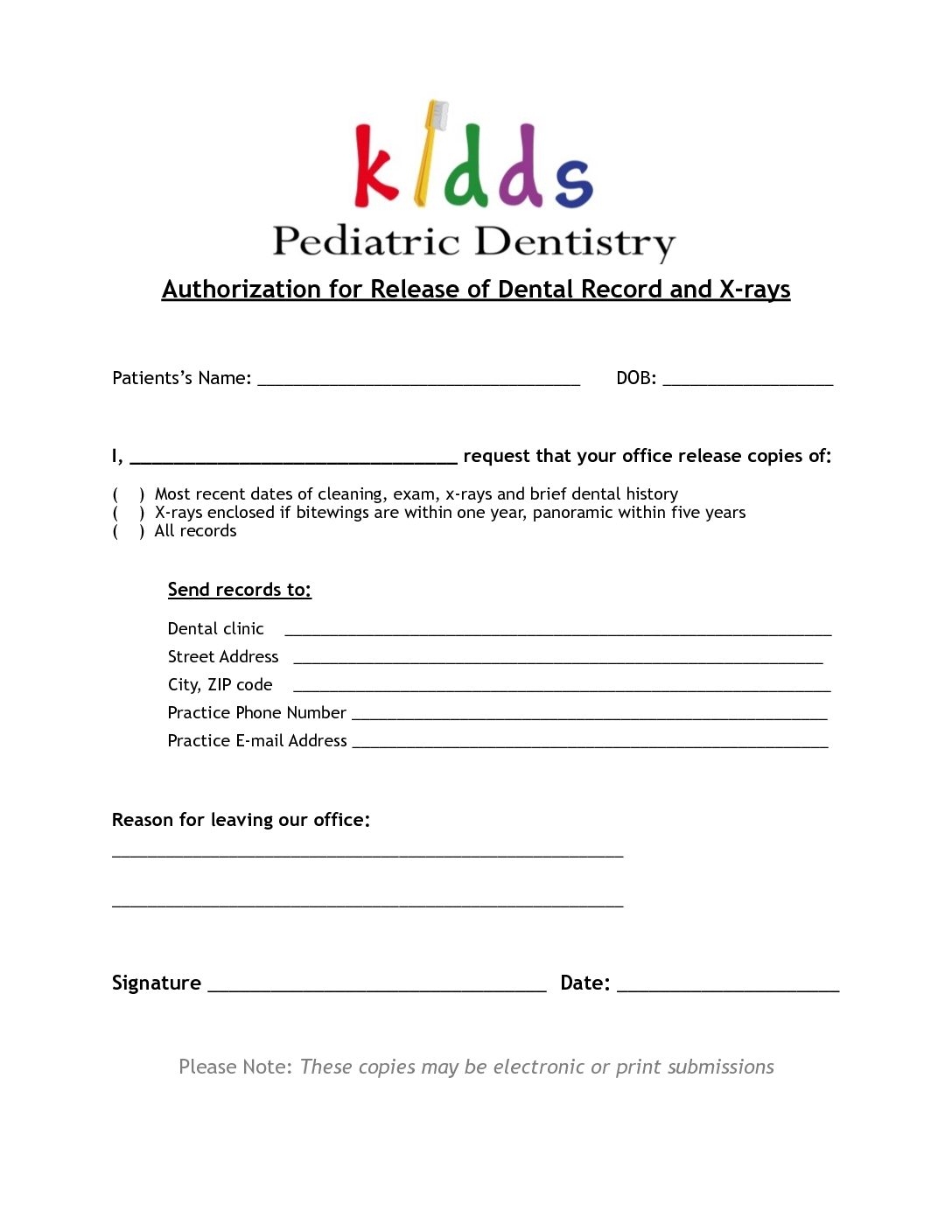 Dental Kidds Record Release Form Dental Kidds Pediatric Dentistry