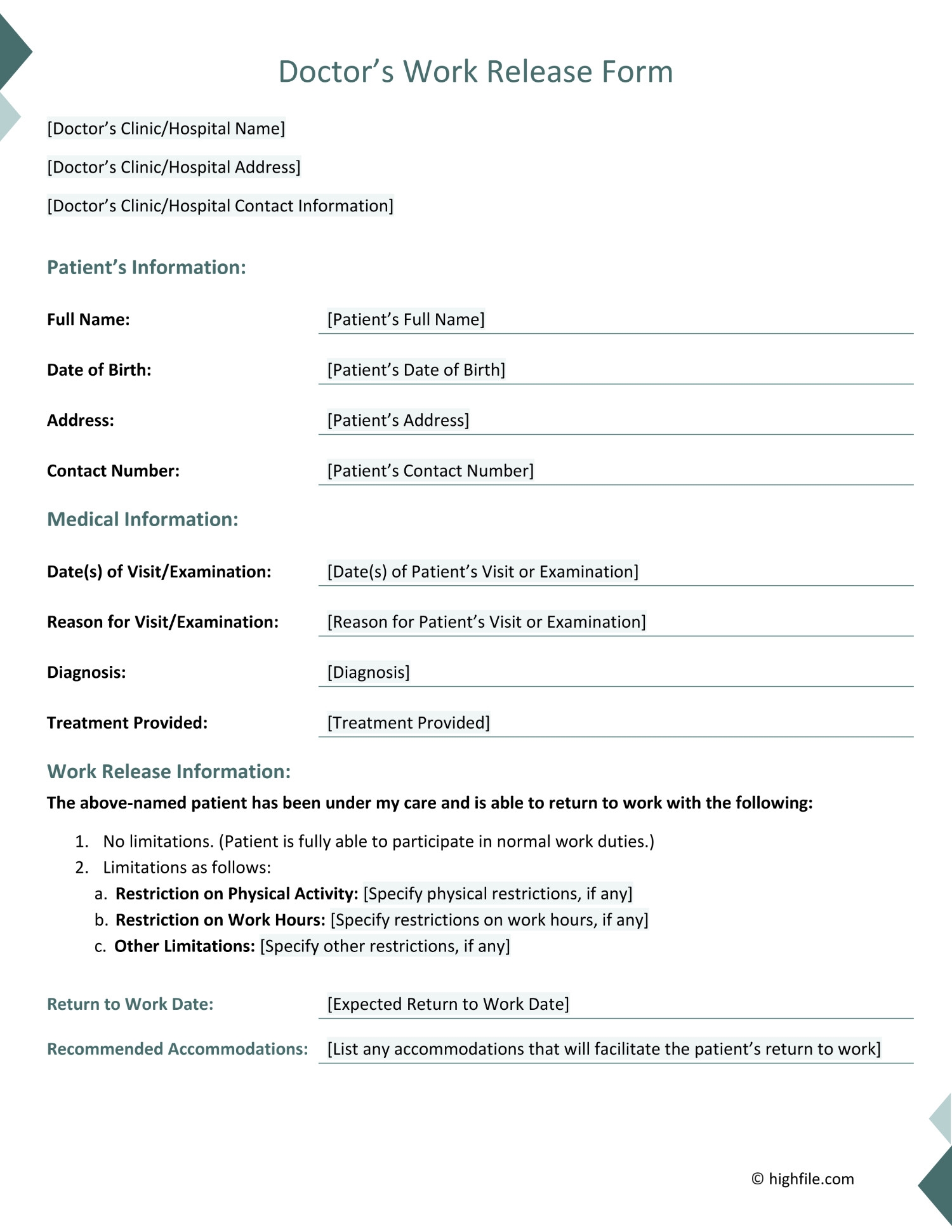 Doctor s Work Release Form Word PDF Google Docs Highfile