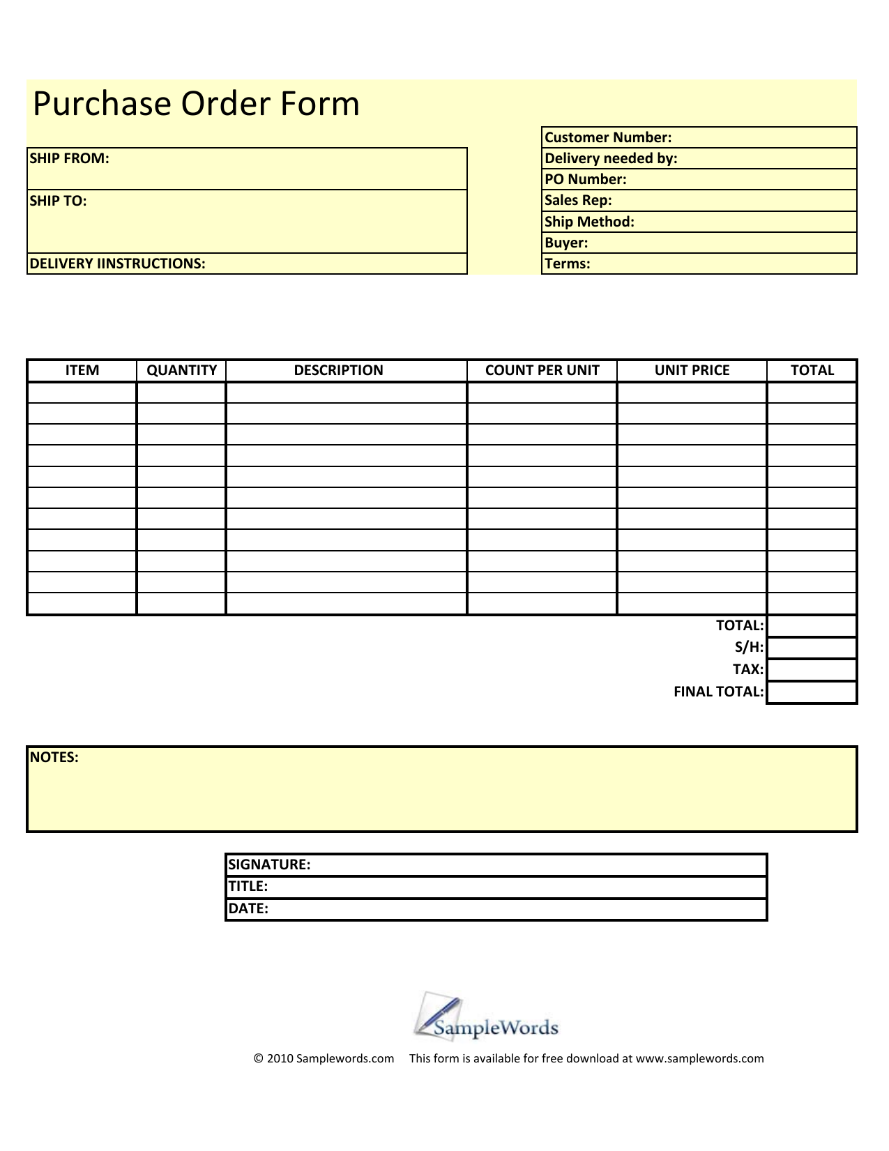 Po Order Form Template