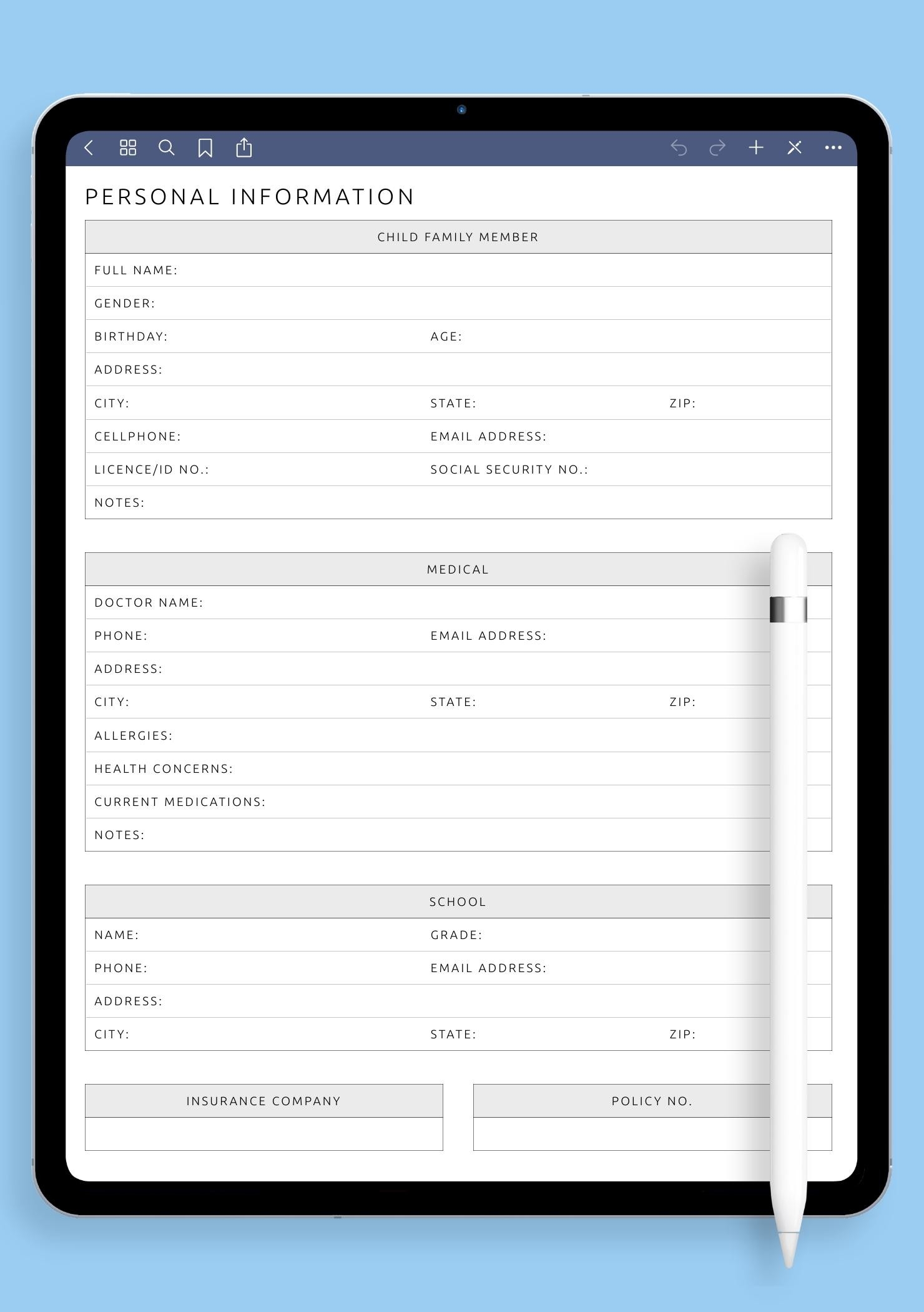 Personal Information Template Form
