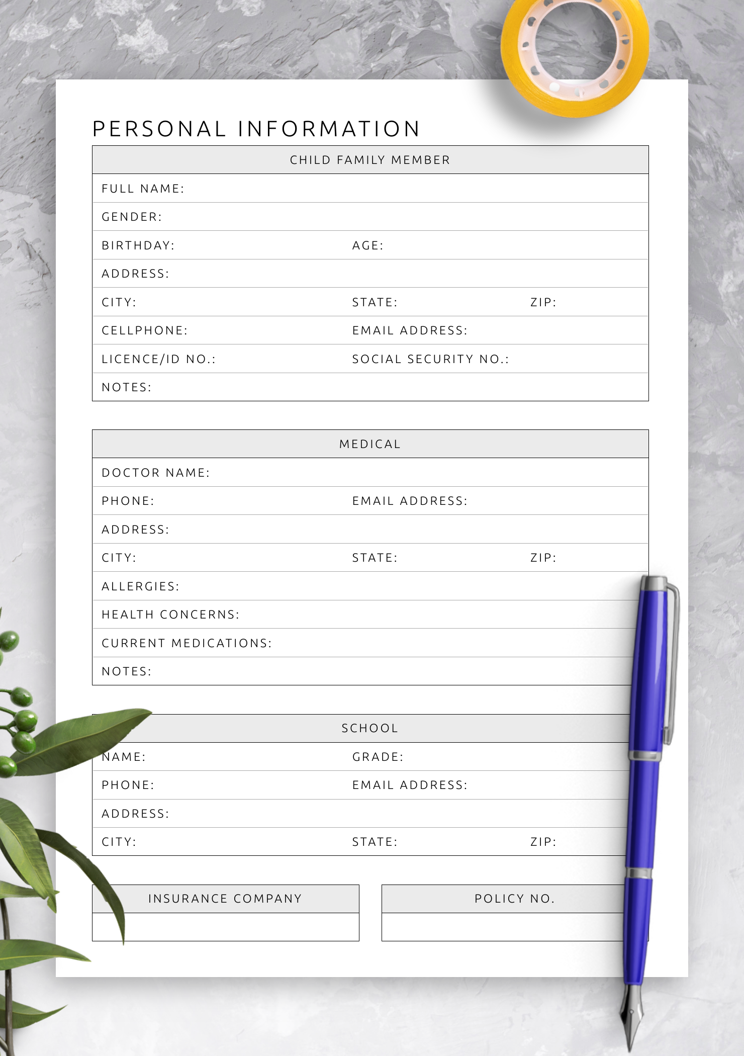 Download Printable Personal Information For Child Template PDF