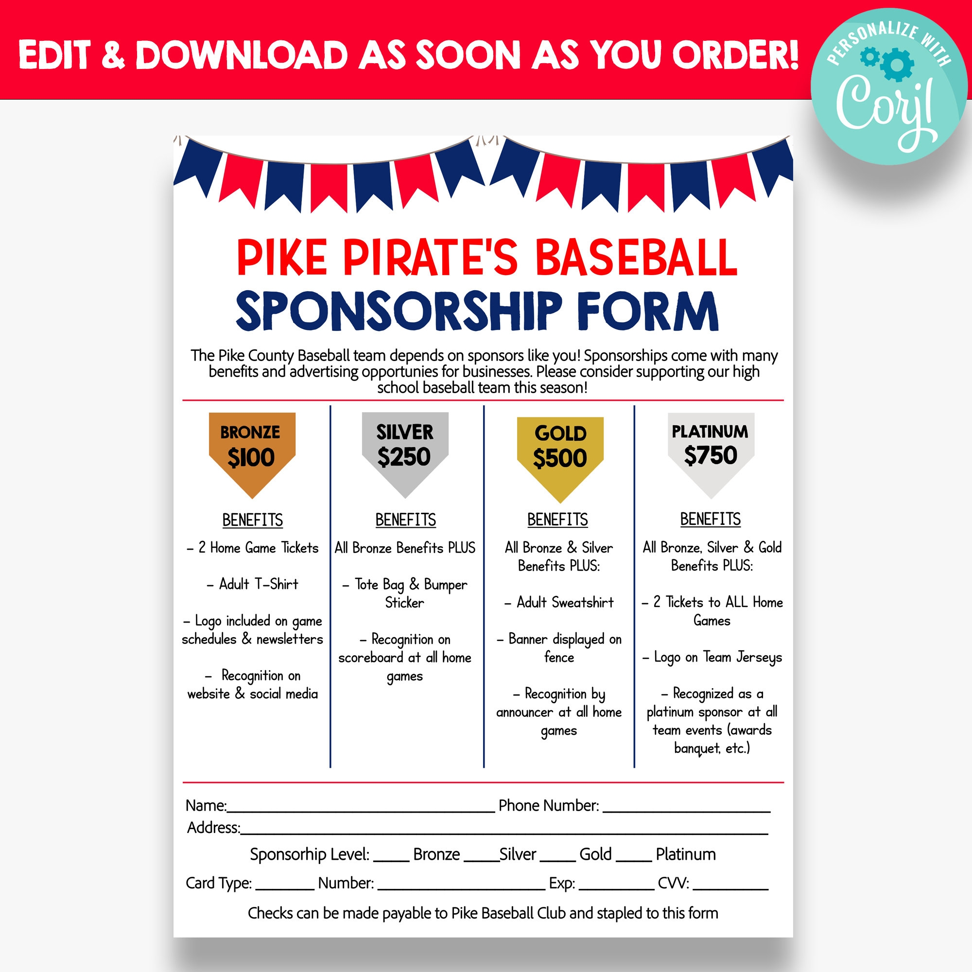 EDITABLE Baseball Sponsorship Form Baseball Membership Form School Baseball Sponsorship Sign up Etsy