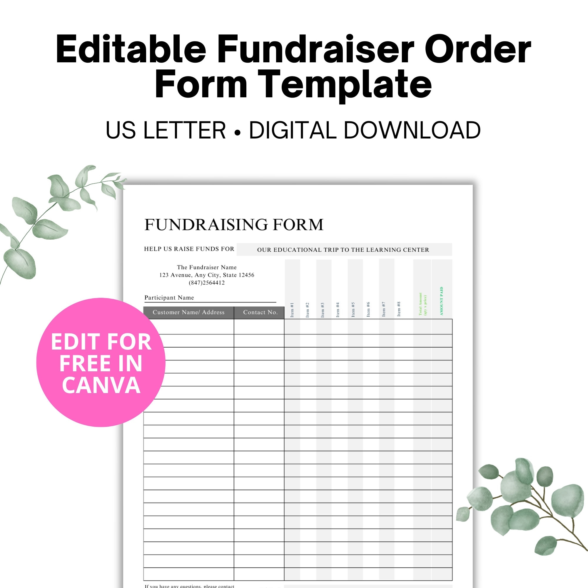 Editable Fundraiser Order Form Template School Fundraising Form Printable Invoice Canva Template Editable Invoice Template Etsy