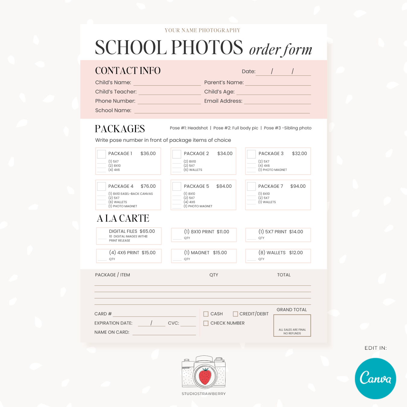 Editable School Photography Order Form Template Strawberry Kit