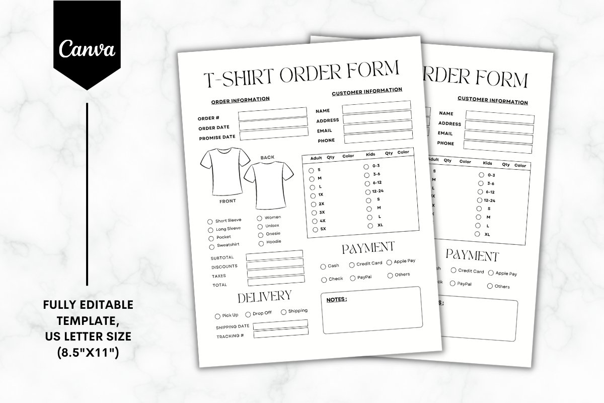 Editable T shirt Order Form Canva Template B W 1