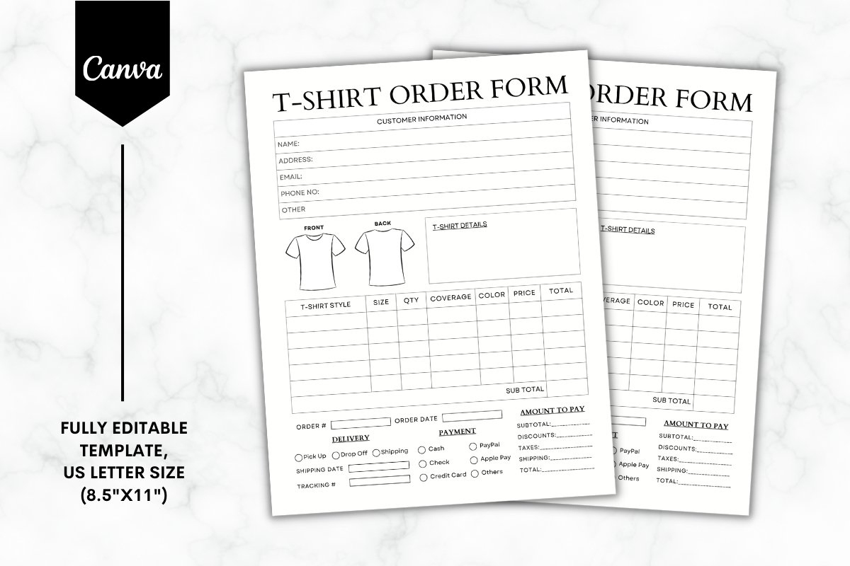 Editable T shirt Order Form Canva Template B W 2