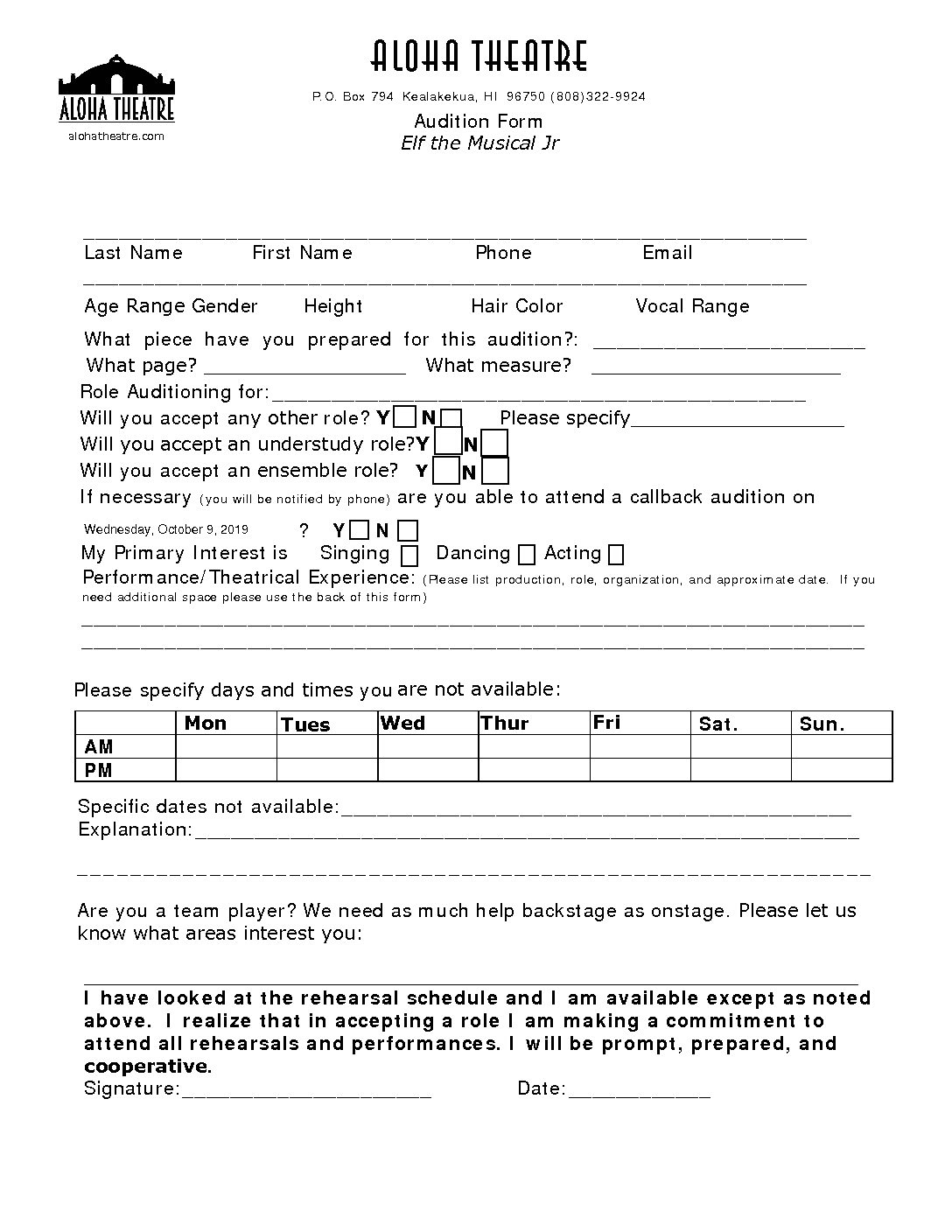 Audition Form Template