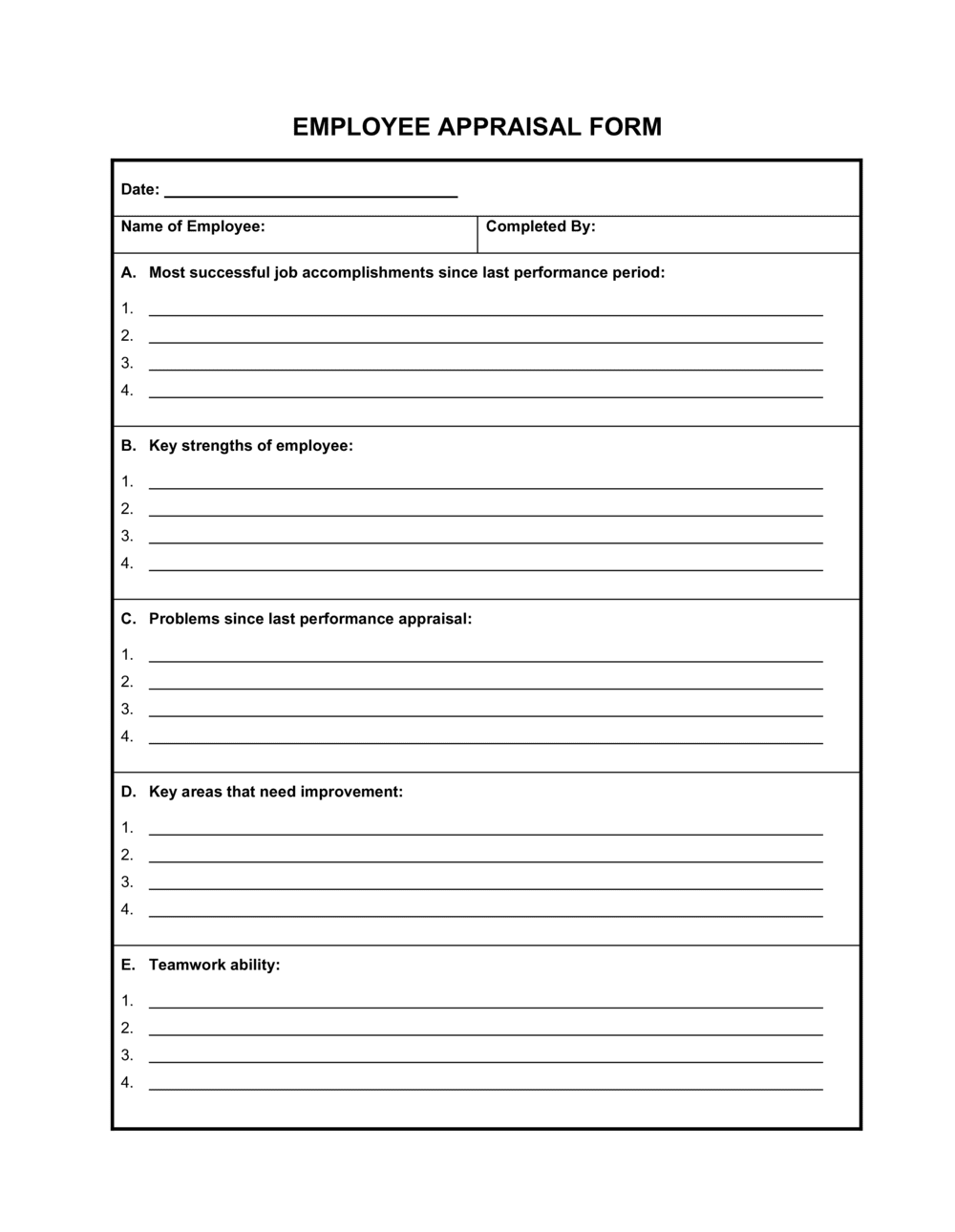 Employee Performance Appraisal Form Template