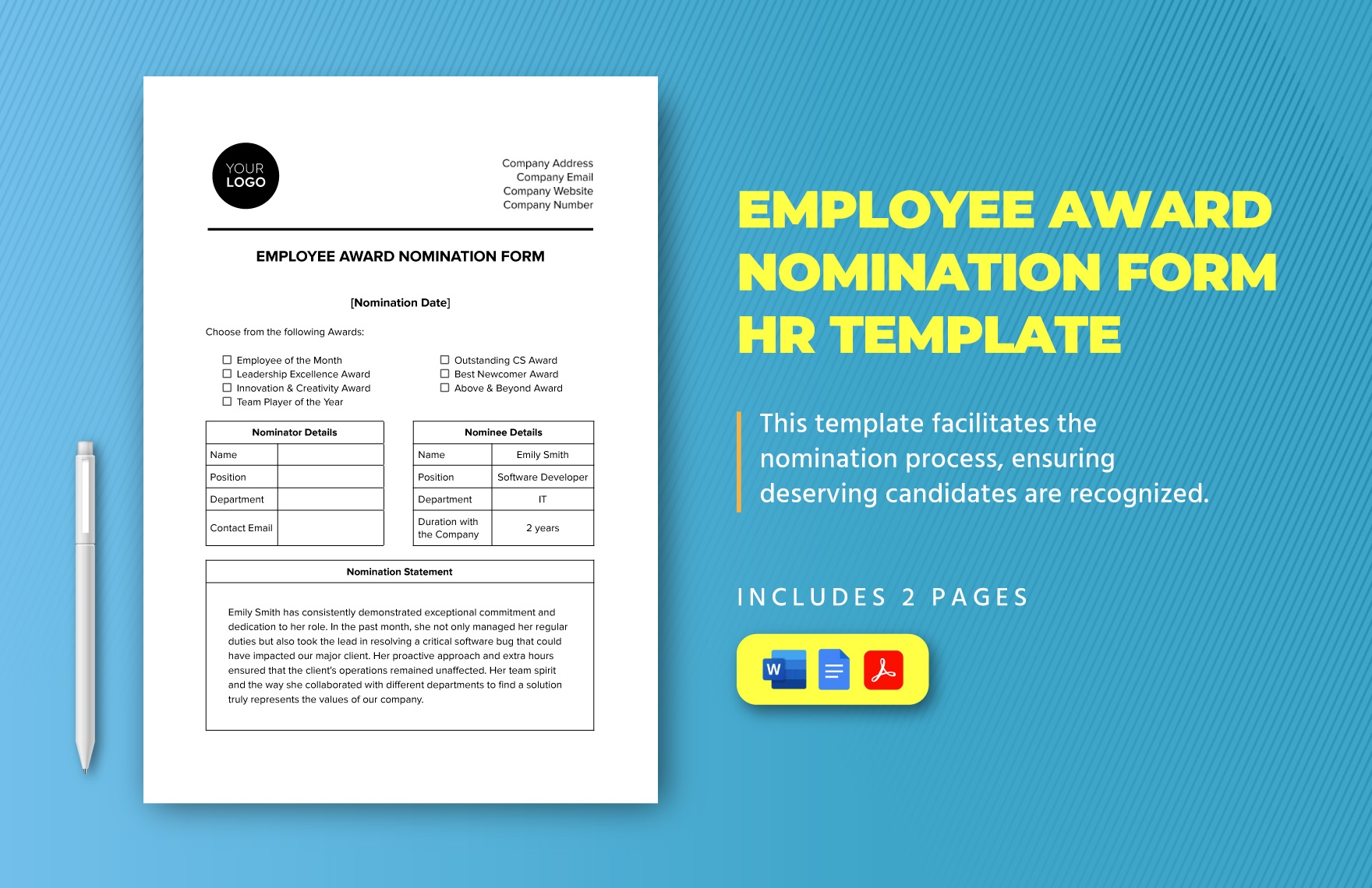 Employee Award Nomination Form HR Template In PDF Word Google Docs Download Template