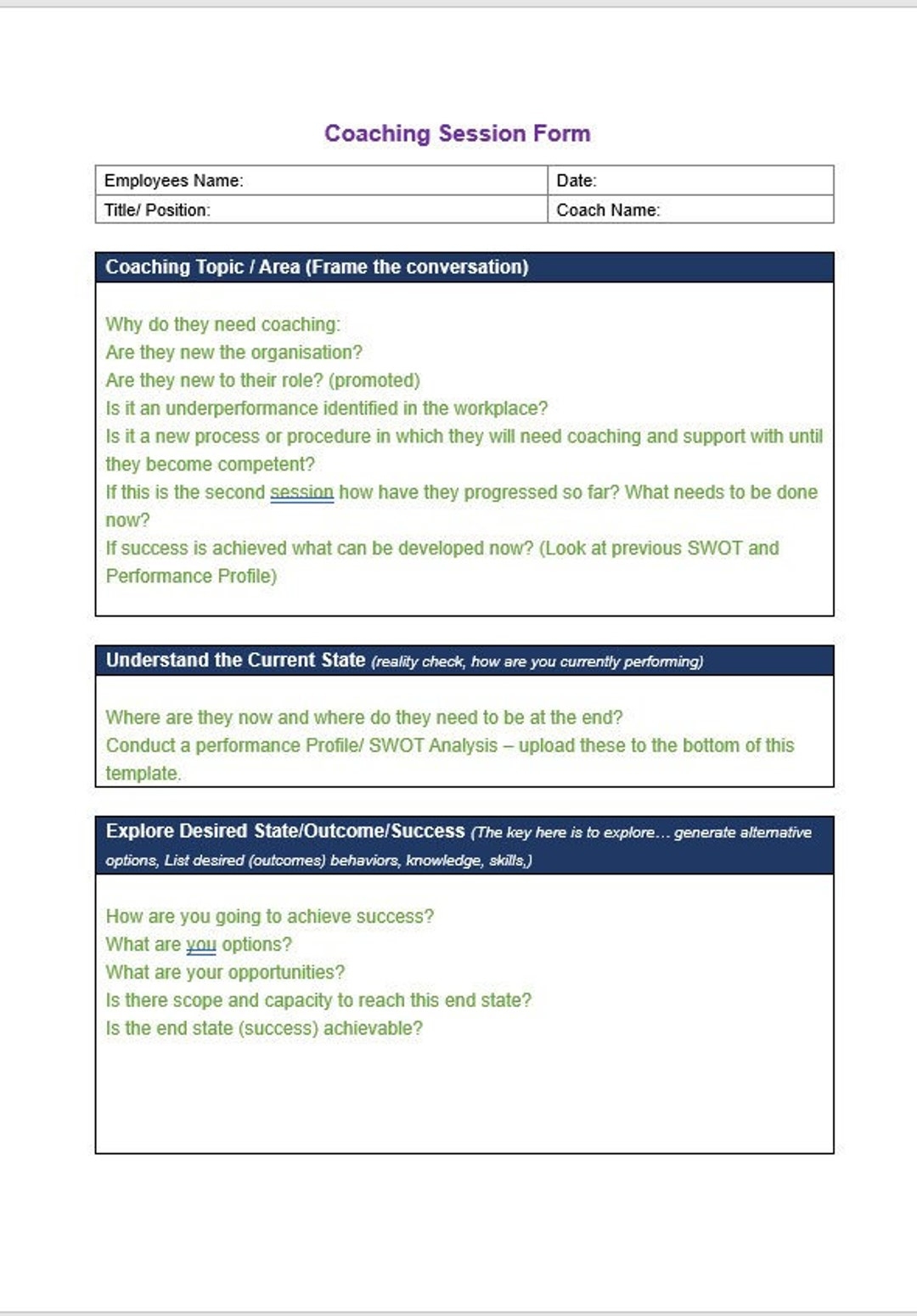 Employee Coaching Template Coaching Plan Worksheet Mentor Manager Coach Document Human Resource Employee Performance HR Template Etsy