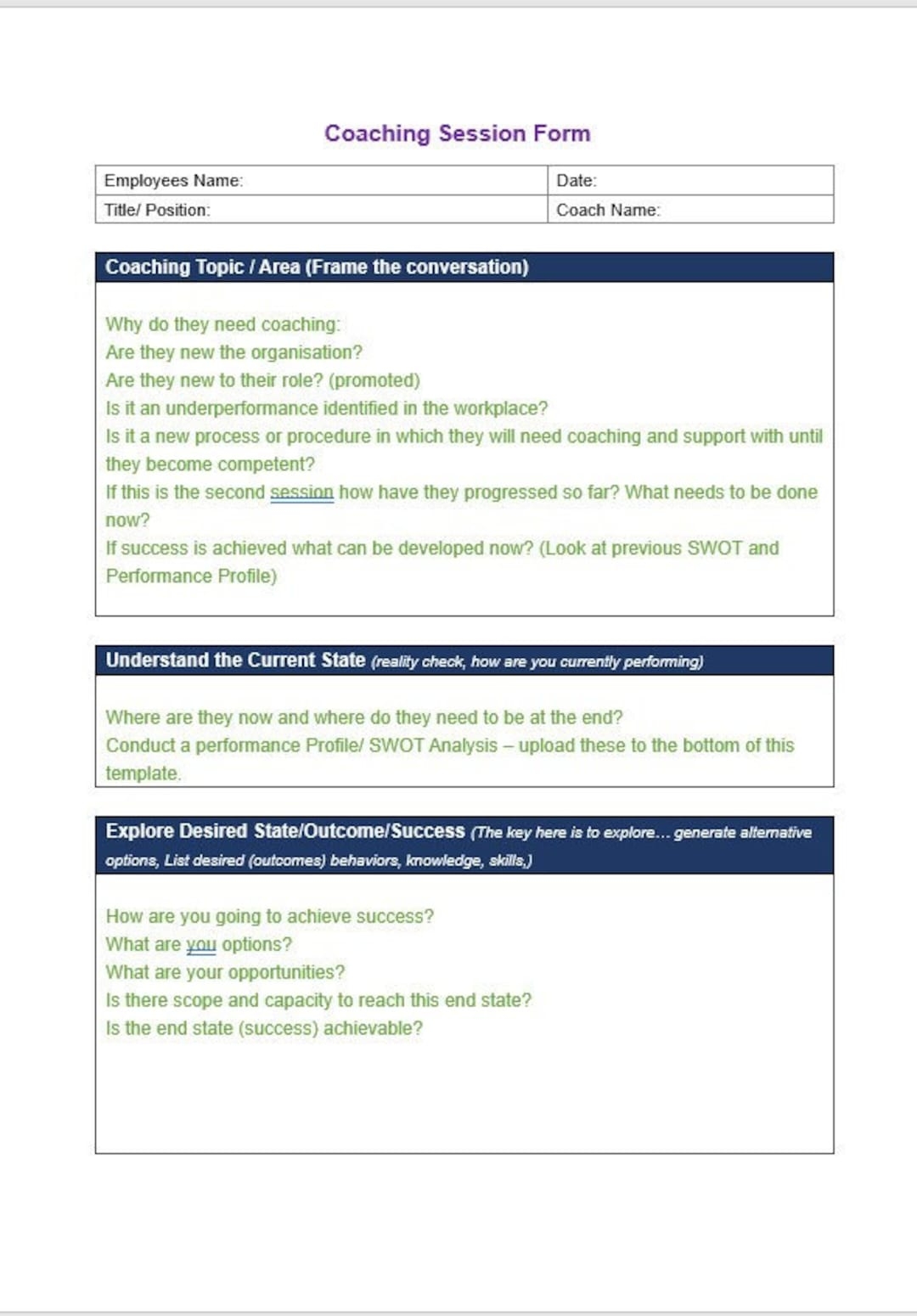 Printable Coaching Form Template
