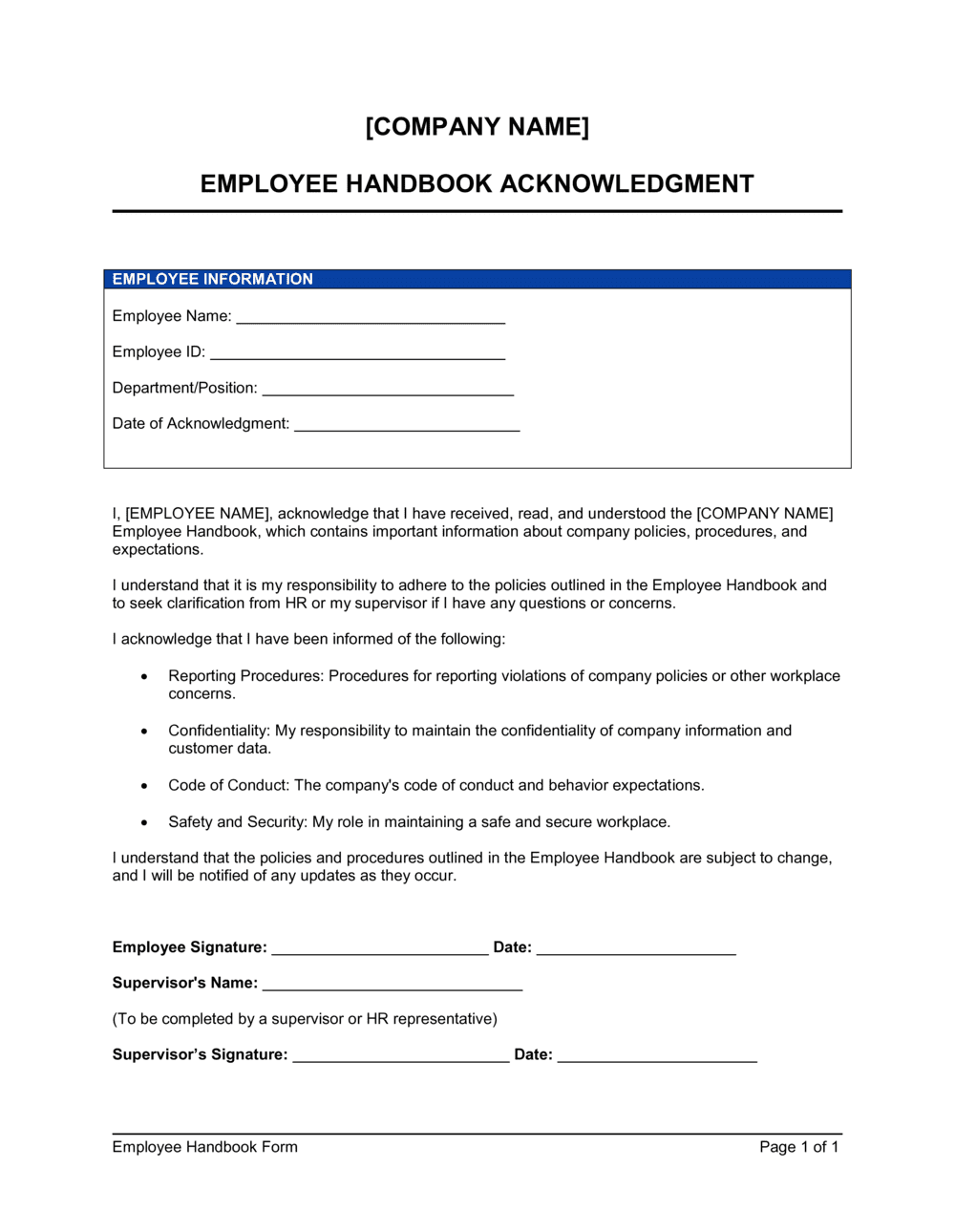 Employee Handbook Acknowledgment Form Template