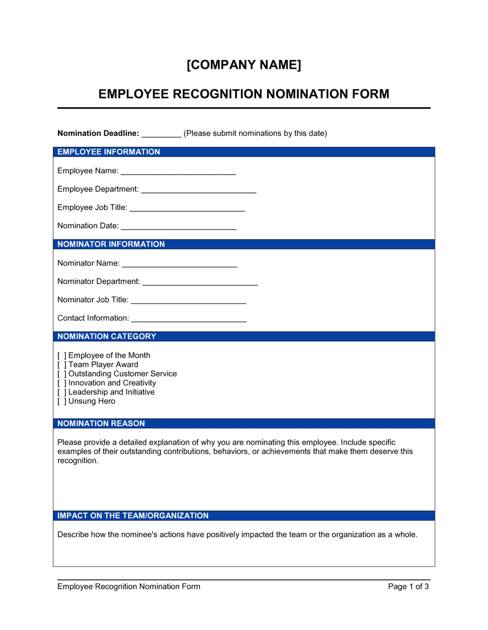 Employee Recognition Nomination Form Template