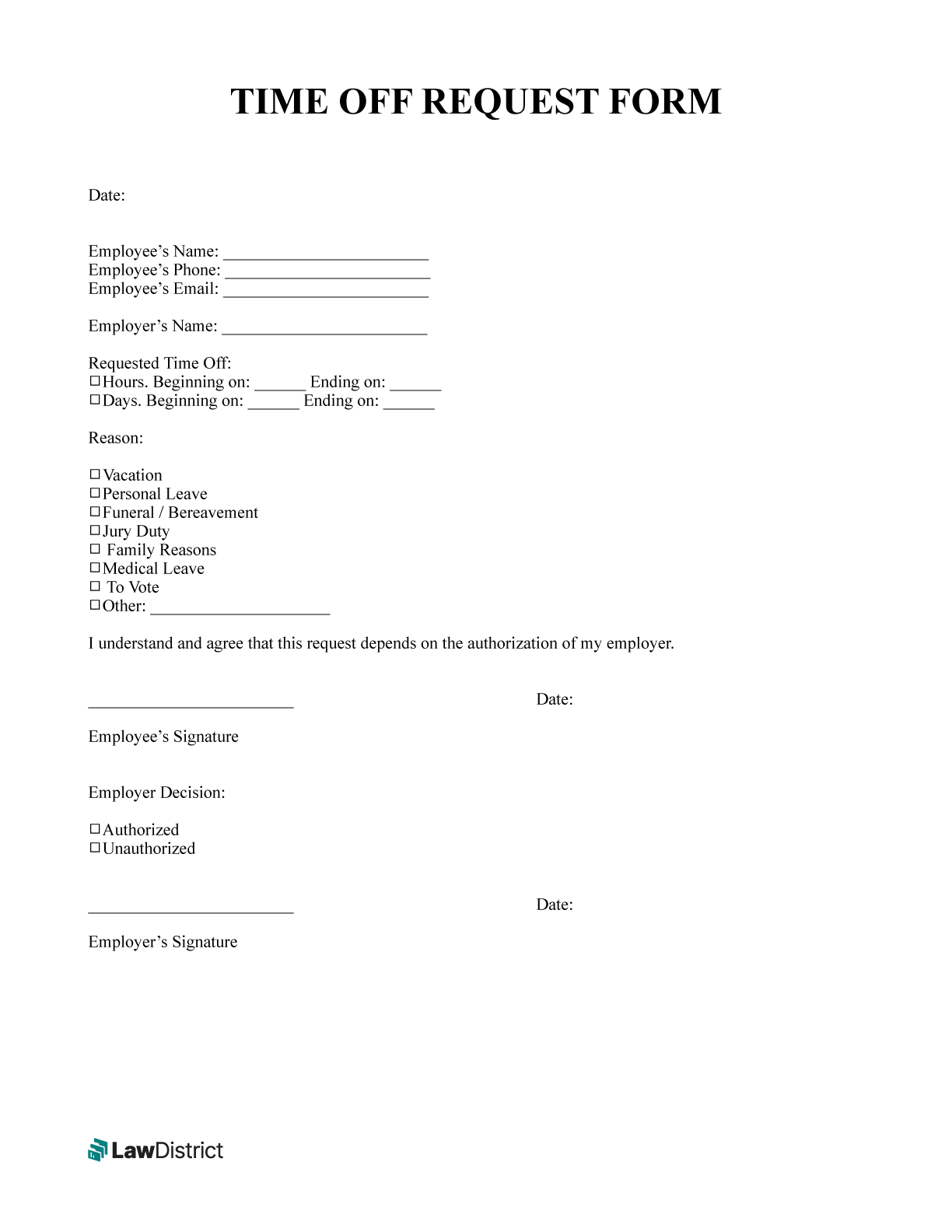Time Off Request Form Template Free