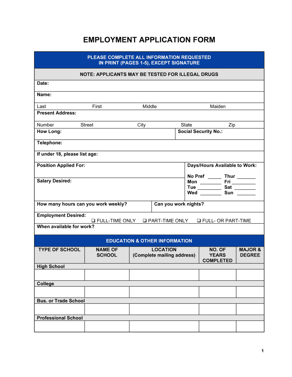 Employment Application Form Template