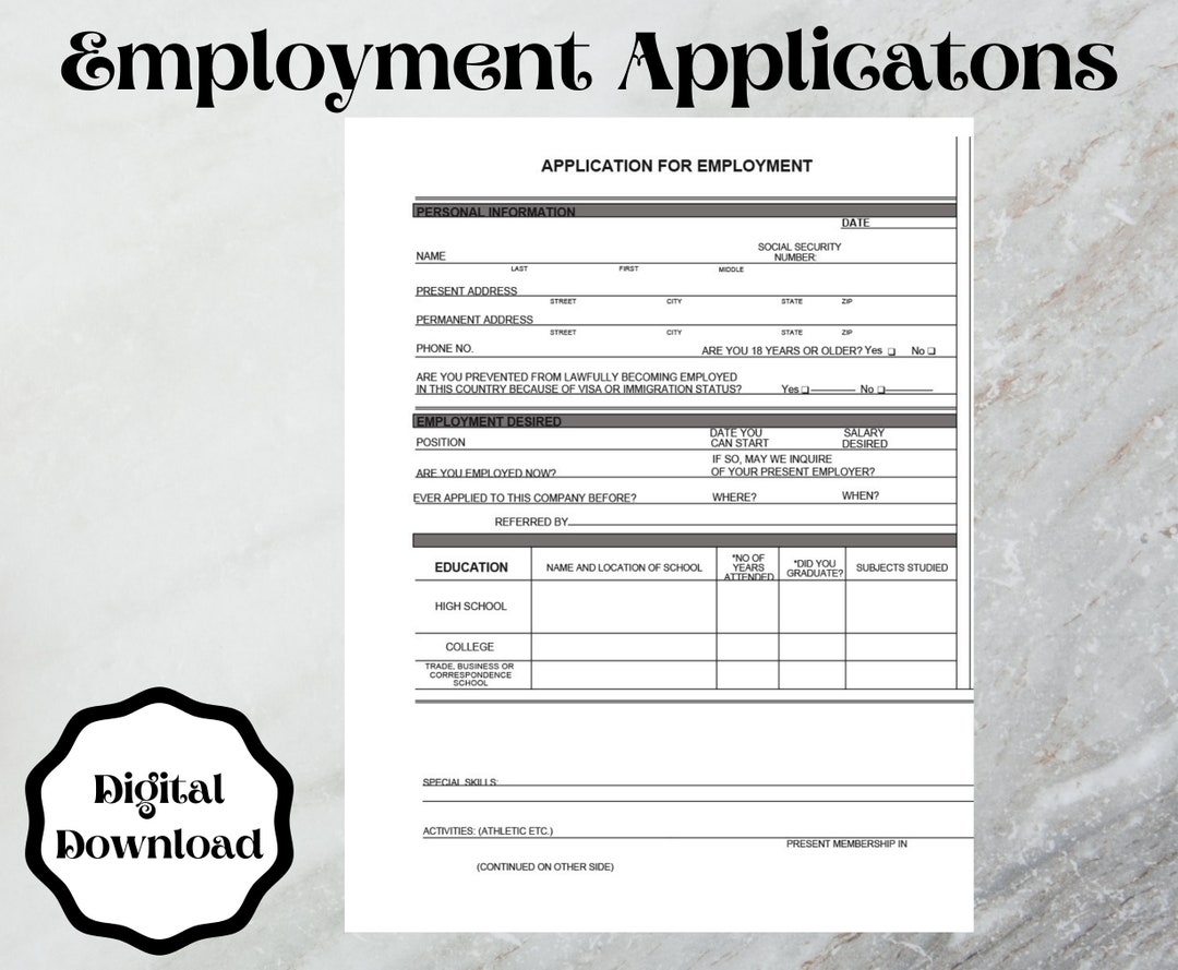 Employment Application Form Template word Printable Editable Etsy