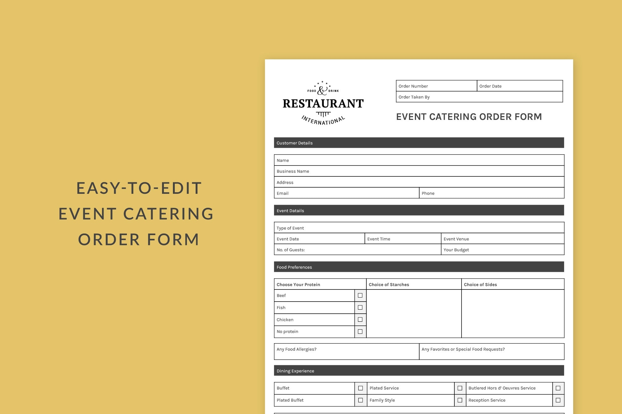 Event Catering Order Form Order Form Template Bakery Order Form Editable Order Form Custom Order Form Instant Download Etsy