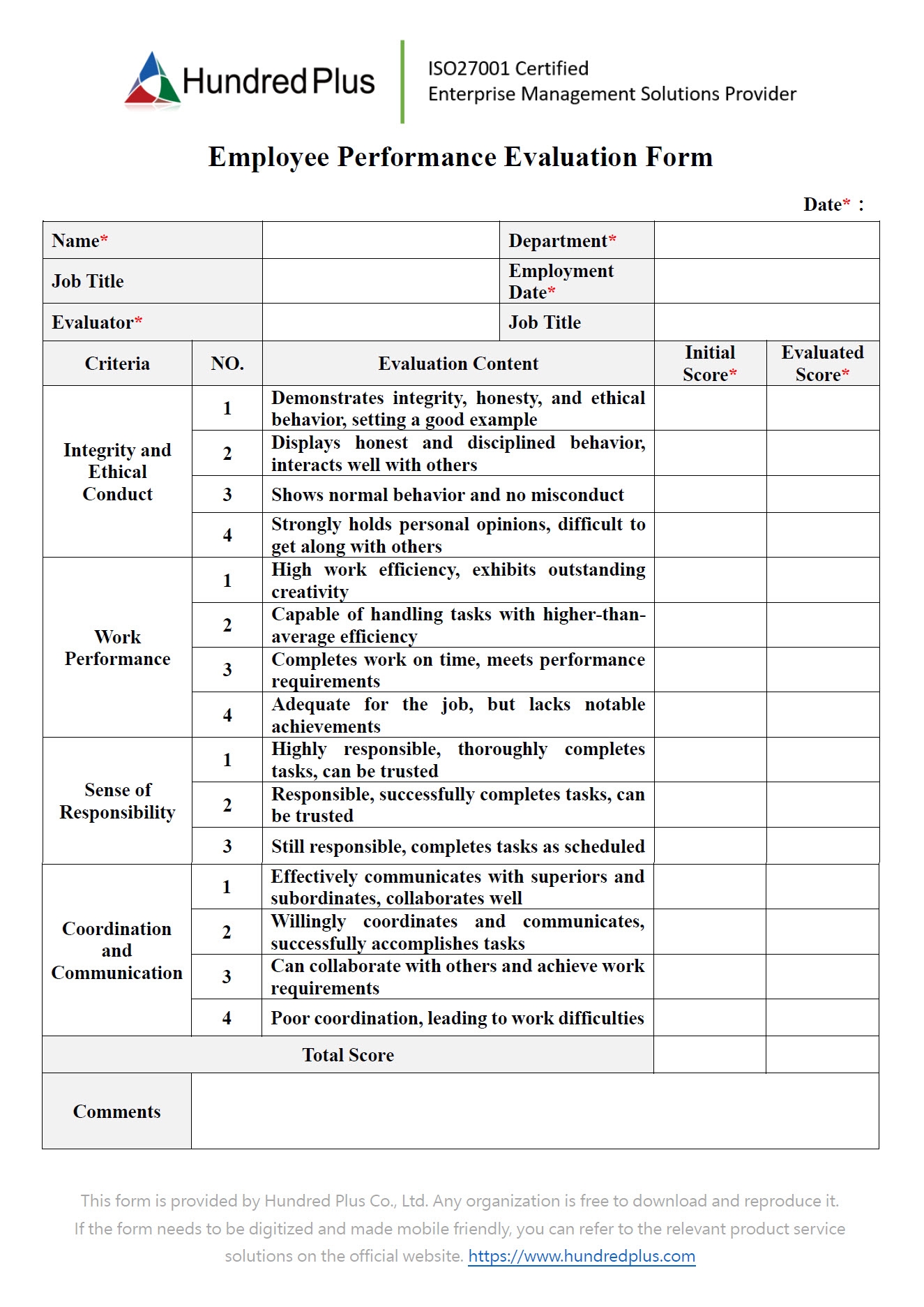 Example Form Employee Performance Evaluation Form 101Form