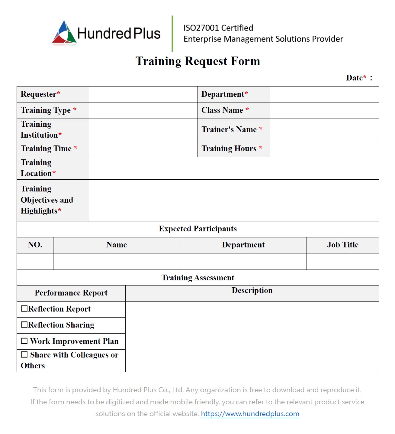Example Form Training Request Form 101Form